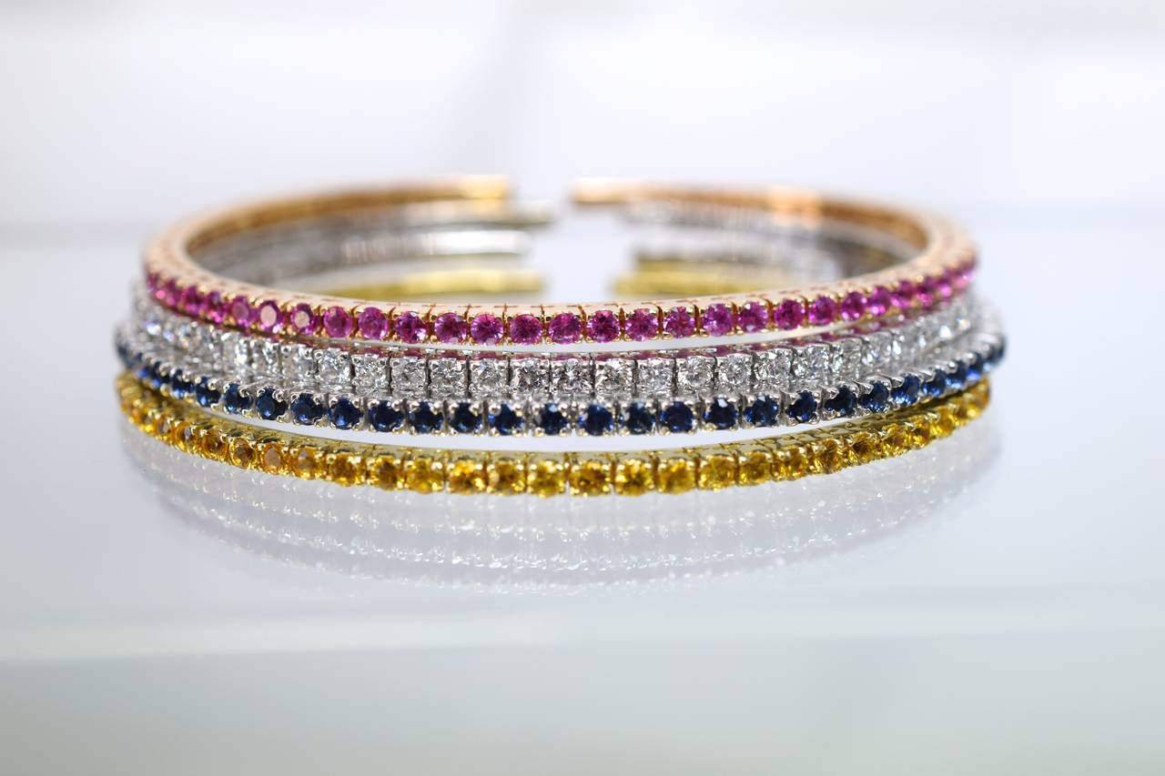 Contemporary Diamond and Tricolor Sapphire Gold Bangle Bracelets