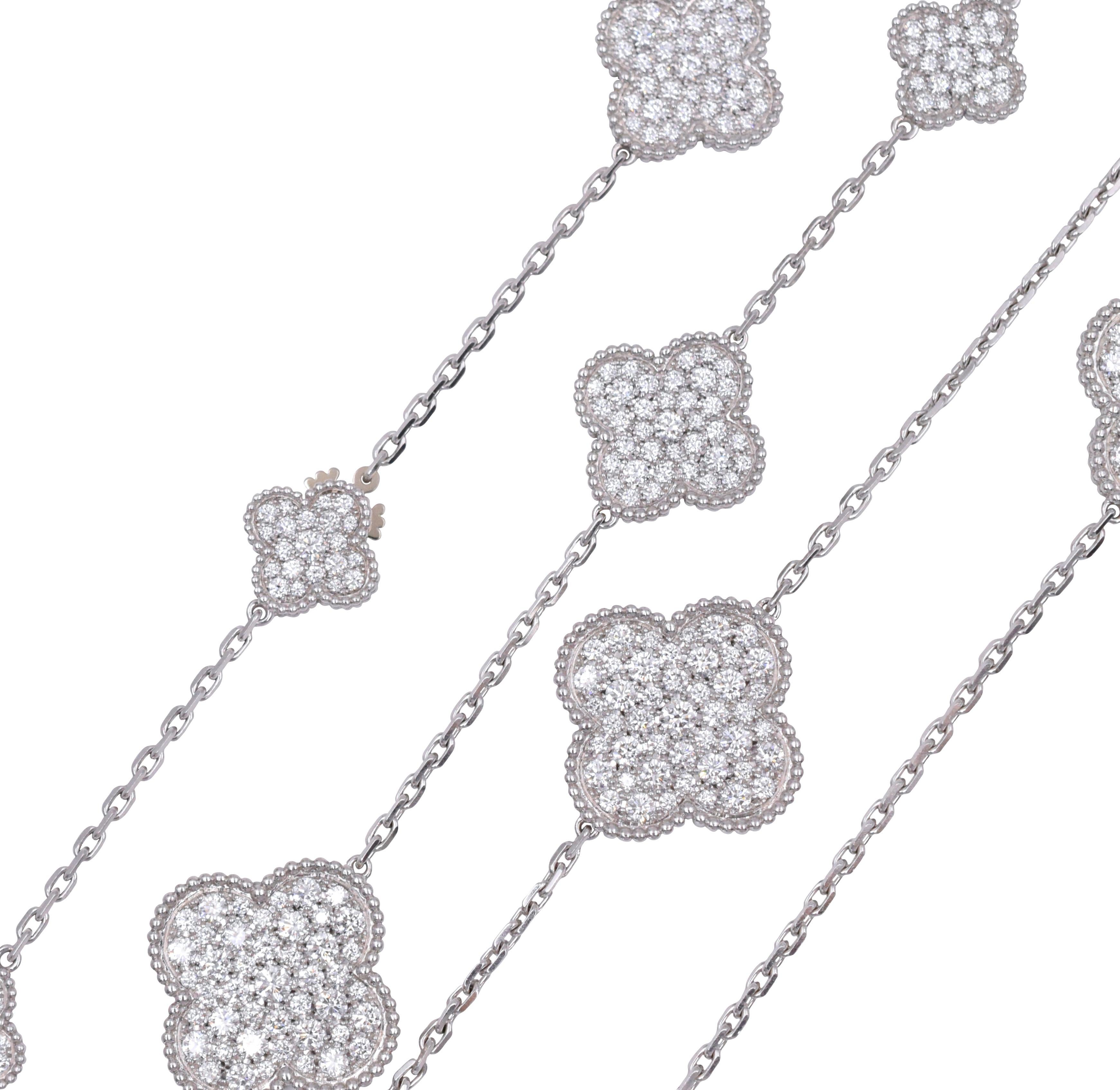 Van Cleef & Arpels Diamond Magic Alhambra Necklace This necklace has approximately 17ct of round brilliant cut diamonds all set in 16 motifs of 18k white gold. Signed VCA, Au750, JEXXXXXX. 