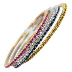 Diamond and Tricolor Sapphire Gold Bangle Bracelets