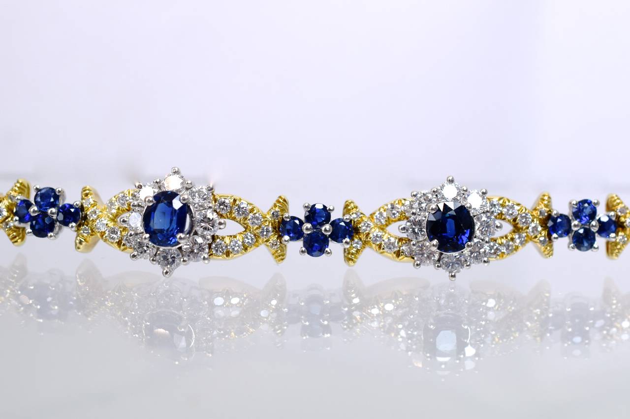 Contemporary Sapphire Diamond Platinum Floral Motif Bracelet