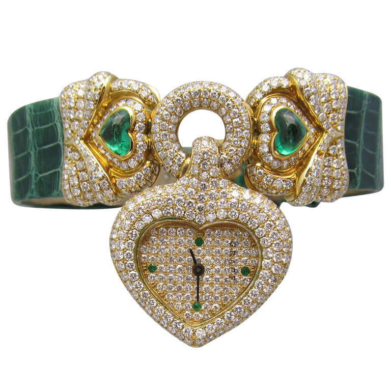 Graff Lady's Yellow Gold, Diamond and Emerald Heart-Shaped Wristwatch
