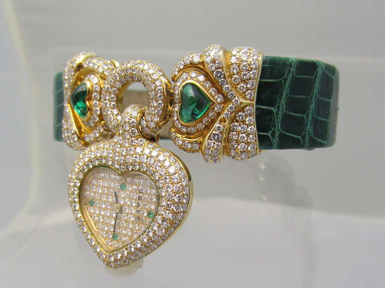 Graff Lady's Yellow Gold, Diamond and Emerald Heart-Shaped Wristwatch In Excellent Condition In New York, NY