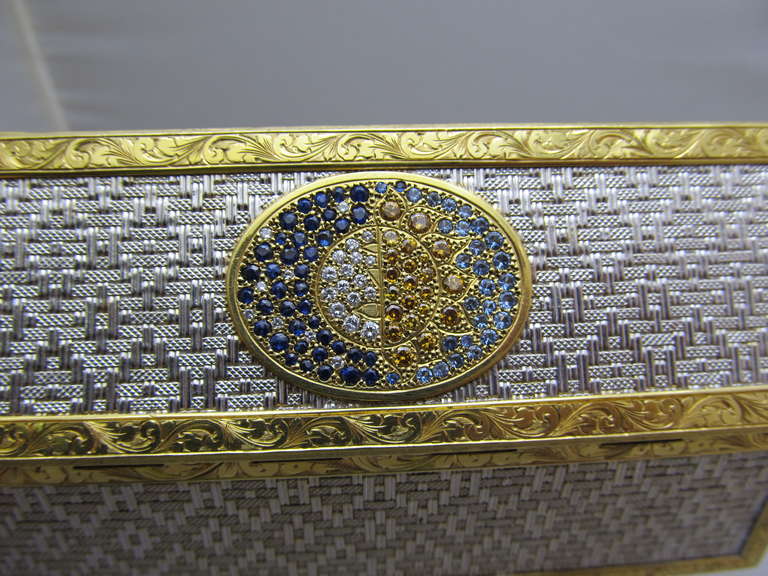 Old Charm!!
18 K white & yellow gold with mesh style workmanship box!
Set with diamonds & sapphire emblem.

Measurements:
length: 4.25 inches
width: 1.25 inches
Weight is 181grams