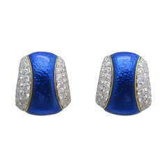 David Webb Blue Enamel and Diamond Clip Earrings
