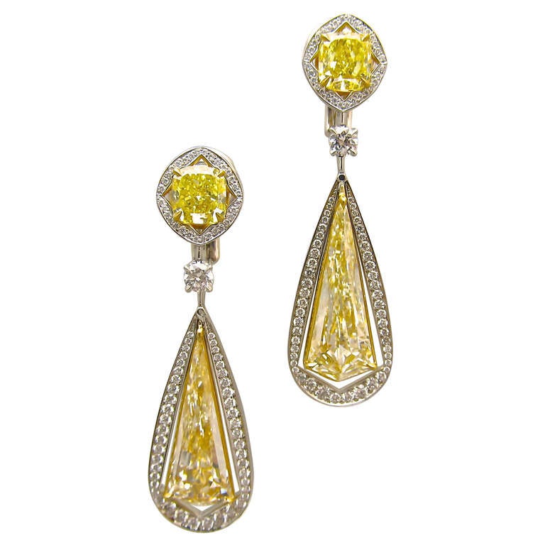 Magnificent! Kite Shape Fancy Yellow Diamond Earrings!