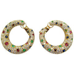 Vintage Cartier Panthere Diamond & Gemstone Creole Hoop Earrings