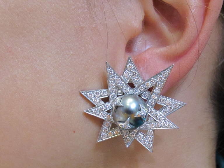 Women's Black Tahitian Pearl and Diamond Ear-Clips