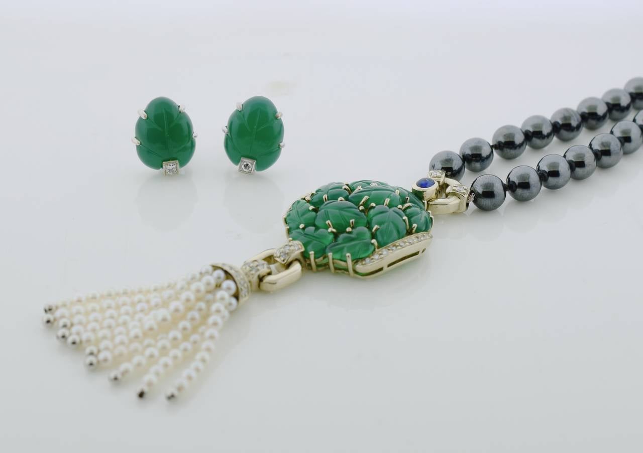 Cartier Green Chalcedony Hematite Sautoir and Earrings Set 1