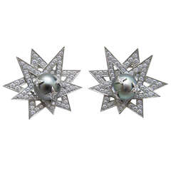 Black Tahitian Pearl and Diamond Ear-Clips