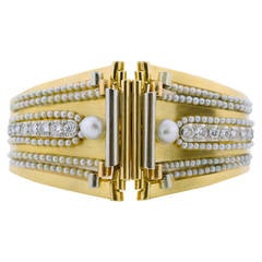 Boucheron Pearl Diamond Gold Scroll Design Bangle Bracelet 6