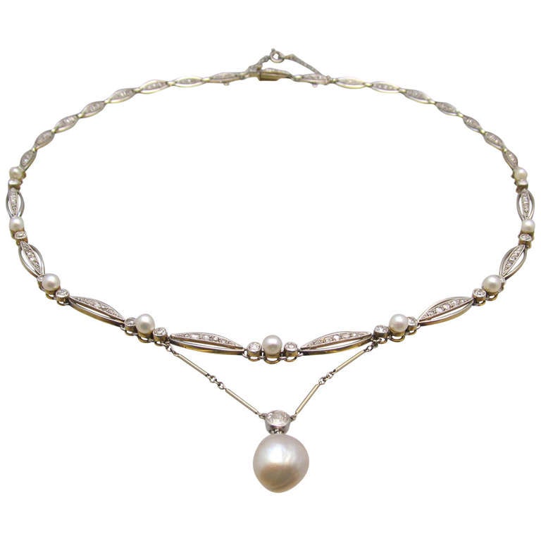 Art Deco Natural Pearl Diamond Necklace