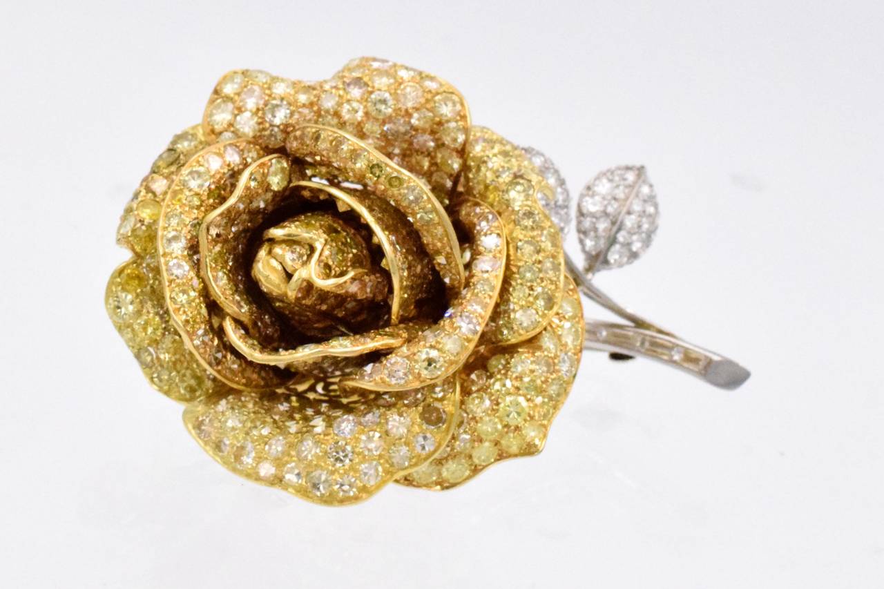 Artist Fancy Yellow and White Diamond Rose Brooch