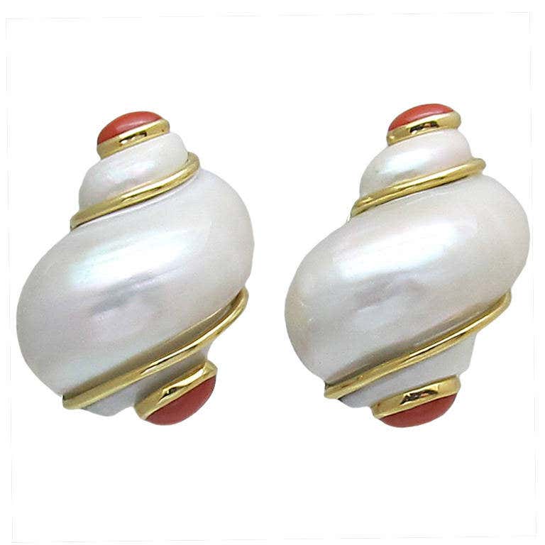 Seaman Schepps Turbo Shell Coral Gold Earrings at 1stDibs
