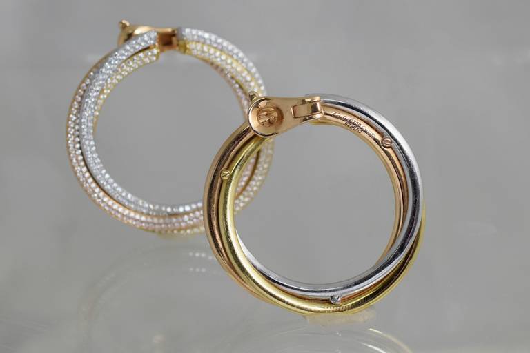 Cartier Diamond Tricolor Gold Trinity Hoop Earrings In Excellent Condition In New York, NY