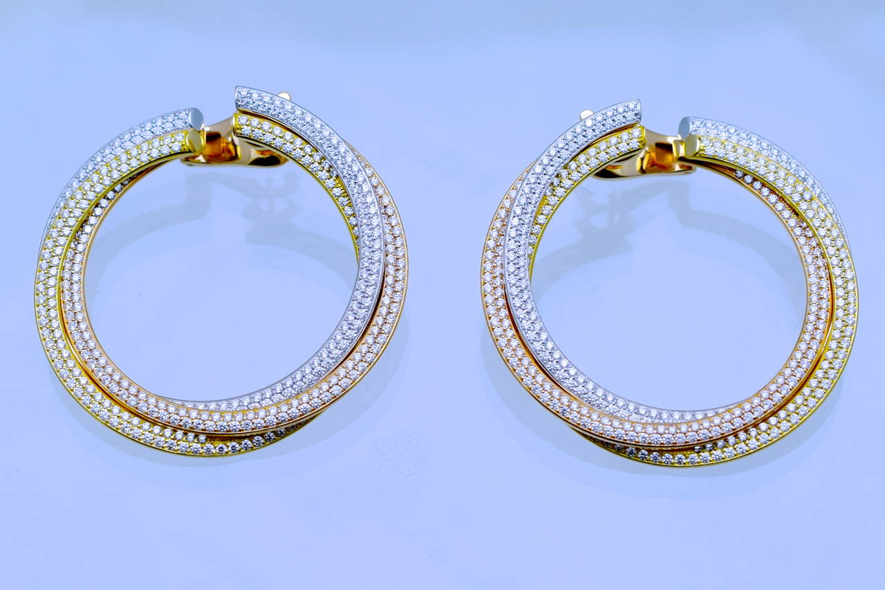 Cartier Diamond Tricolor Gold Trinity Hoop Earrings 1