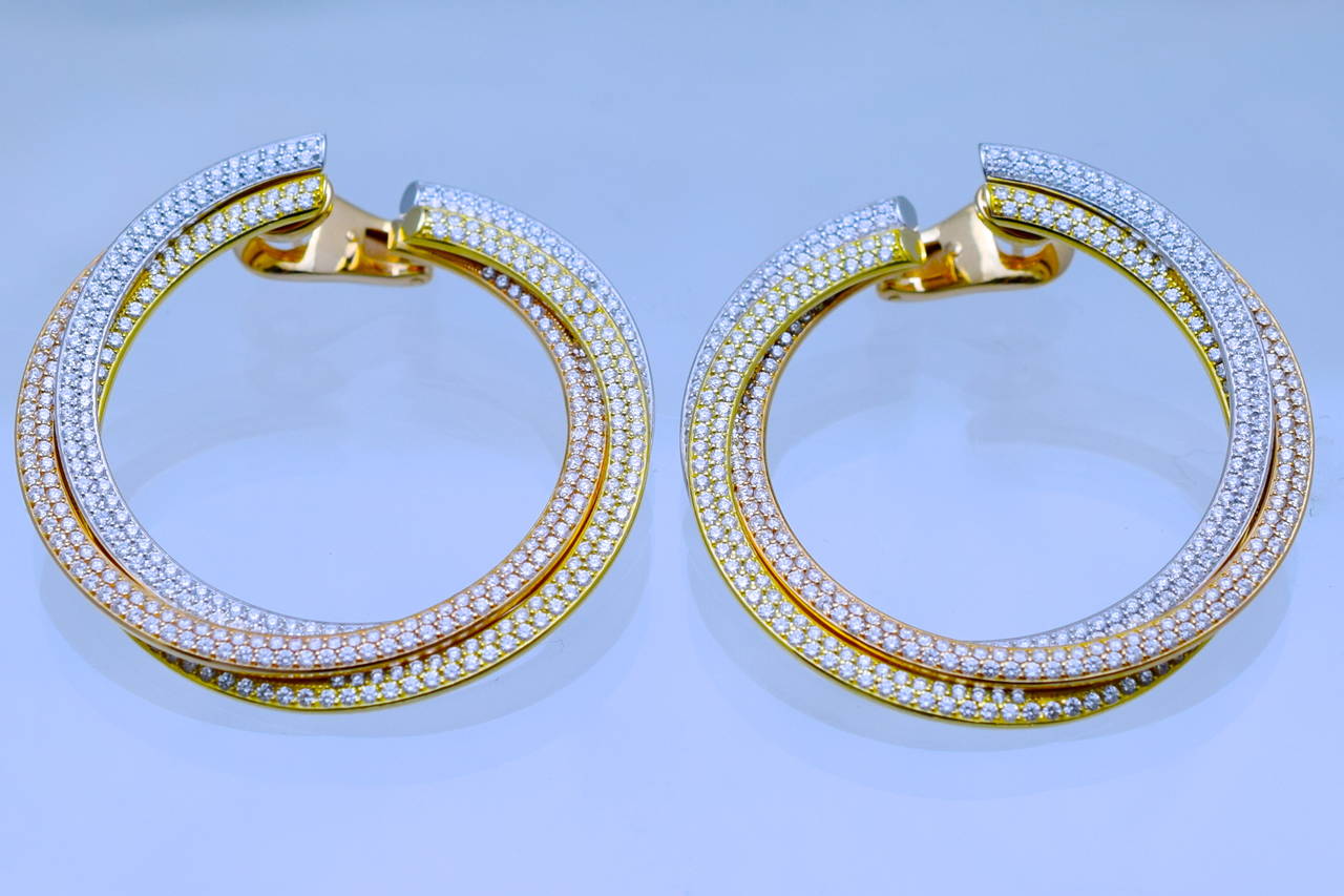 Women's Cartier Diamond Tricolor Gold Trinity Hoop Earrings