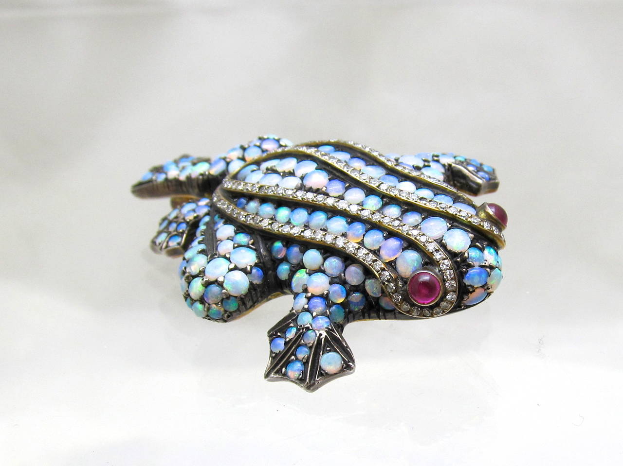 Art Deco Colorful Opal Diamond Frog Brooch