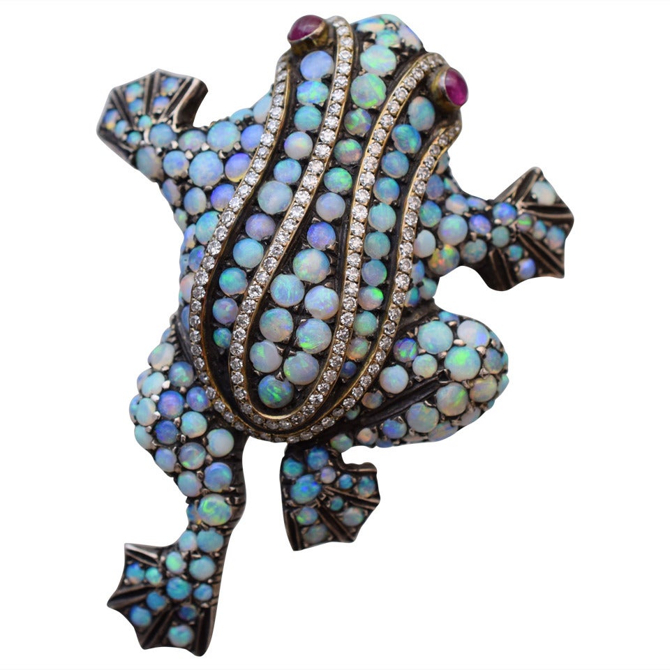 Colorful Opal Diamond Frog Brooch
