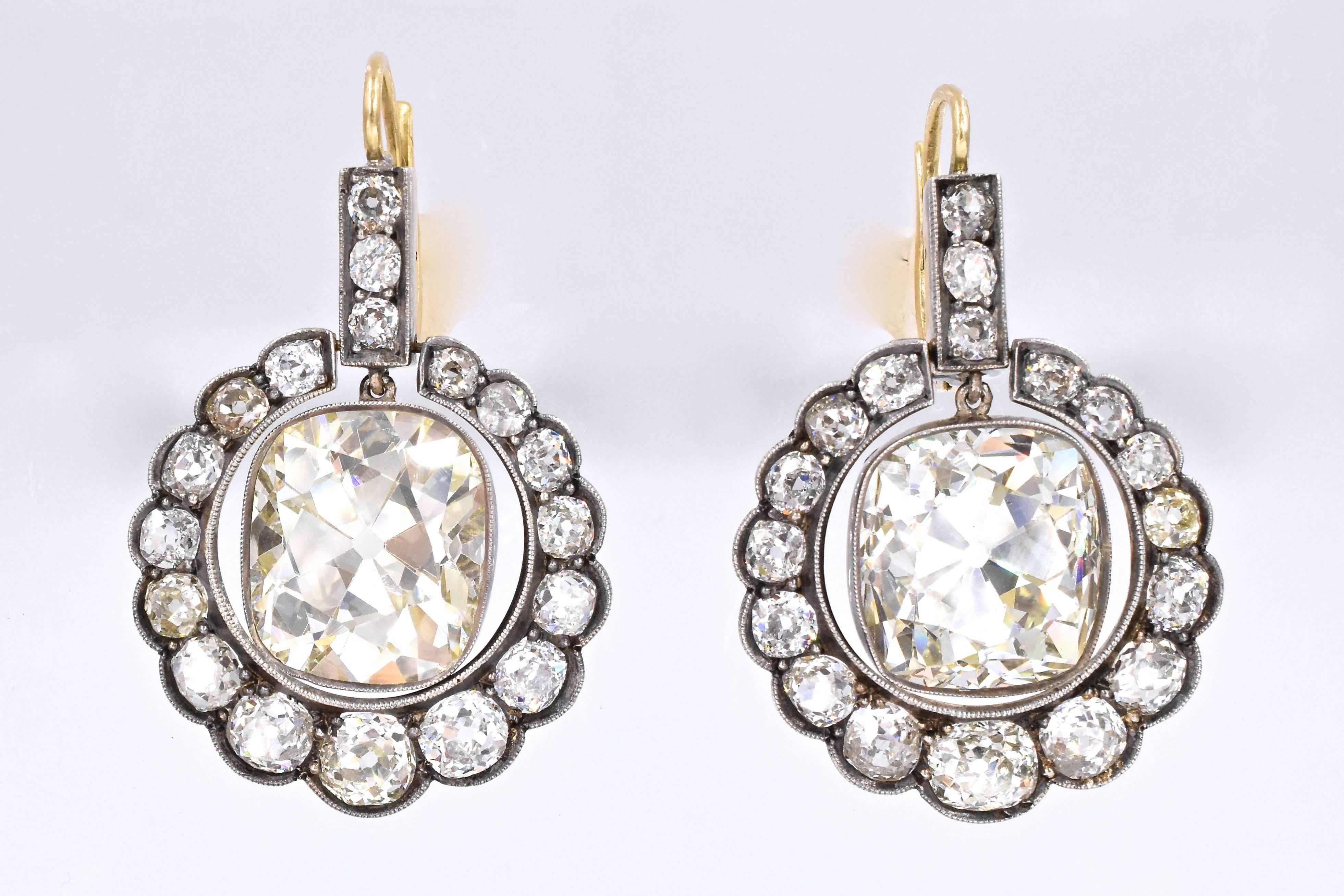 Victorian, 23.17 Carat Old Cushion Shape Diamond Earrings In Excellent Condition For Sale In New York, NY