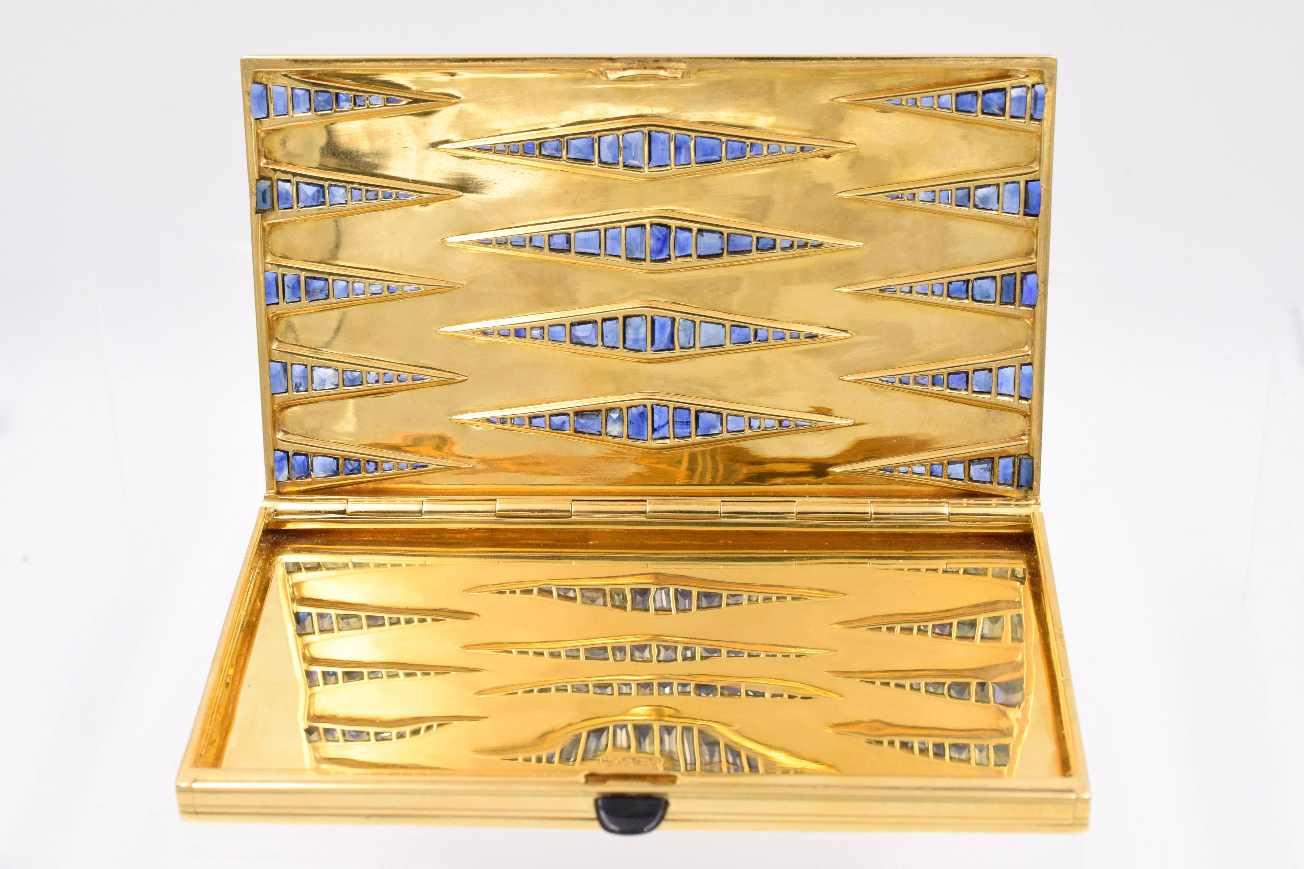 Baguette Cut Magnificent French Retro Sapphire Gold Box For Sale