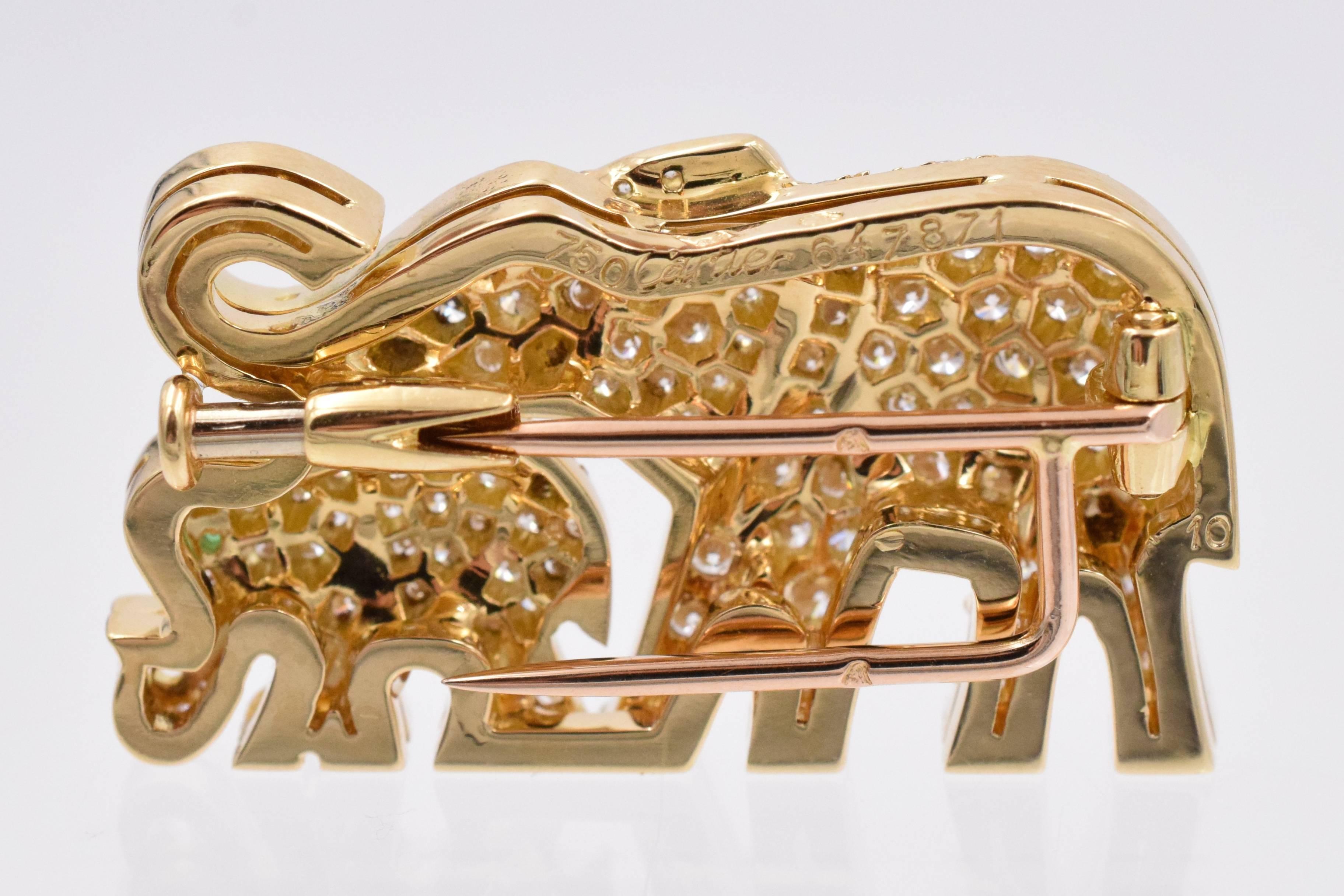Modern Cartier Emerald Diamond Gold Elephant Brooch
