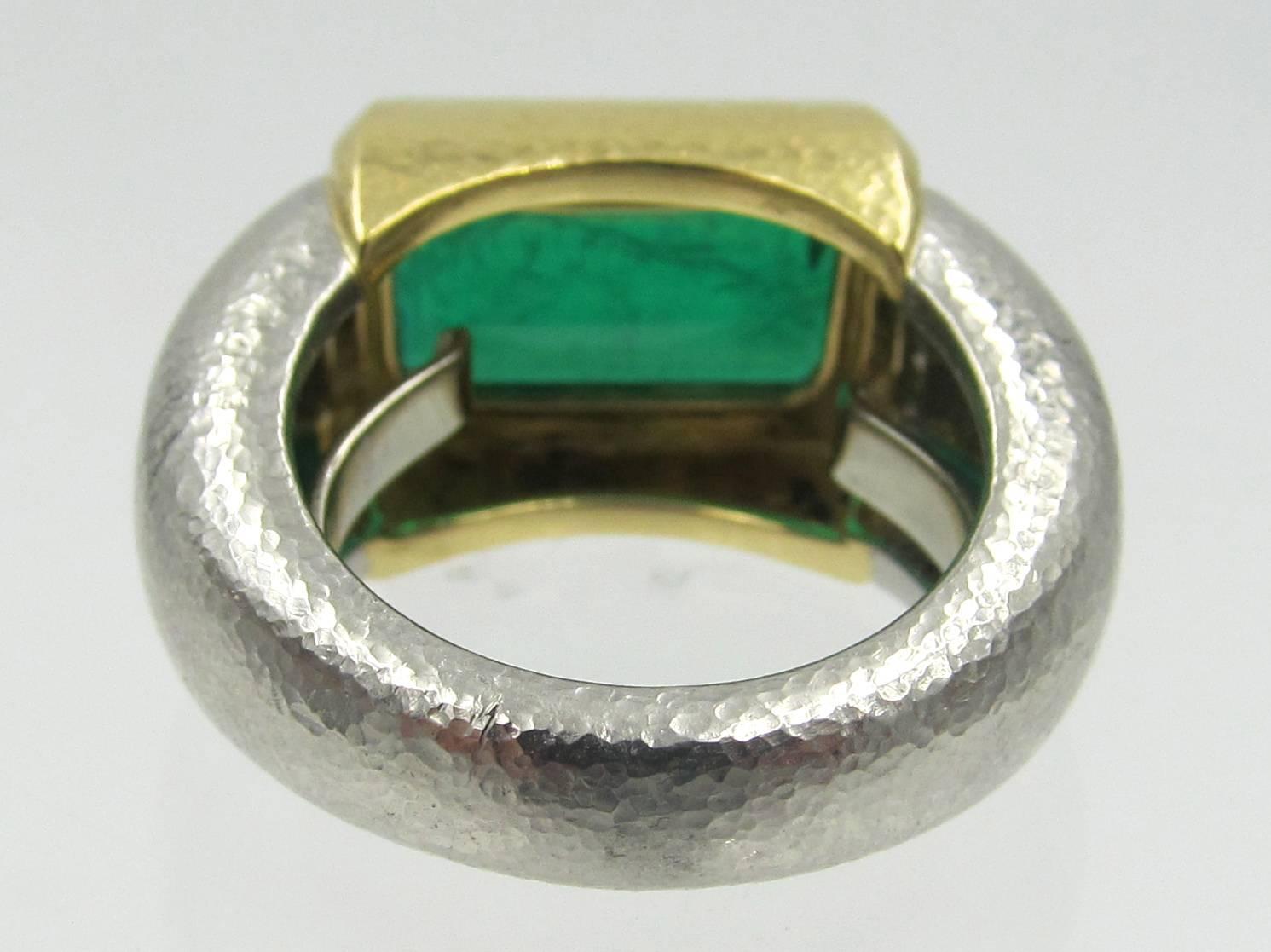 Artist David Webb Emerald Gold Platinum Ring For Sale