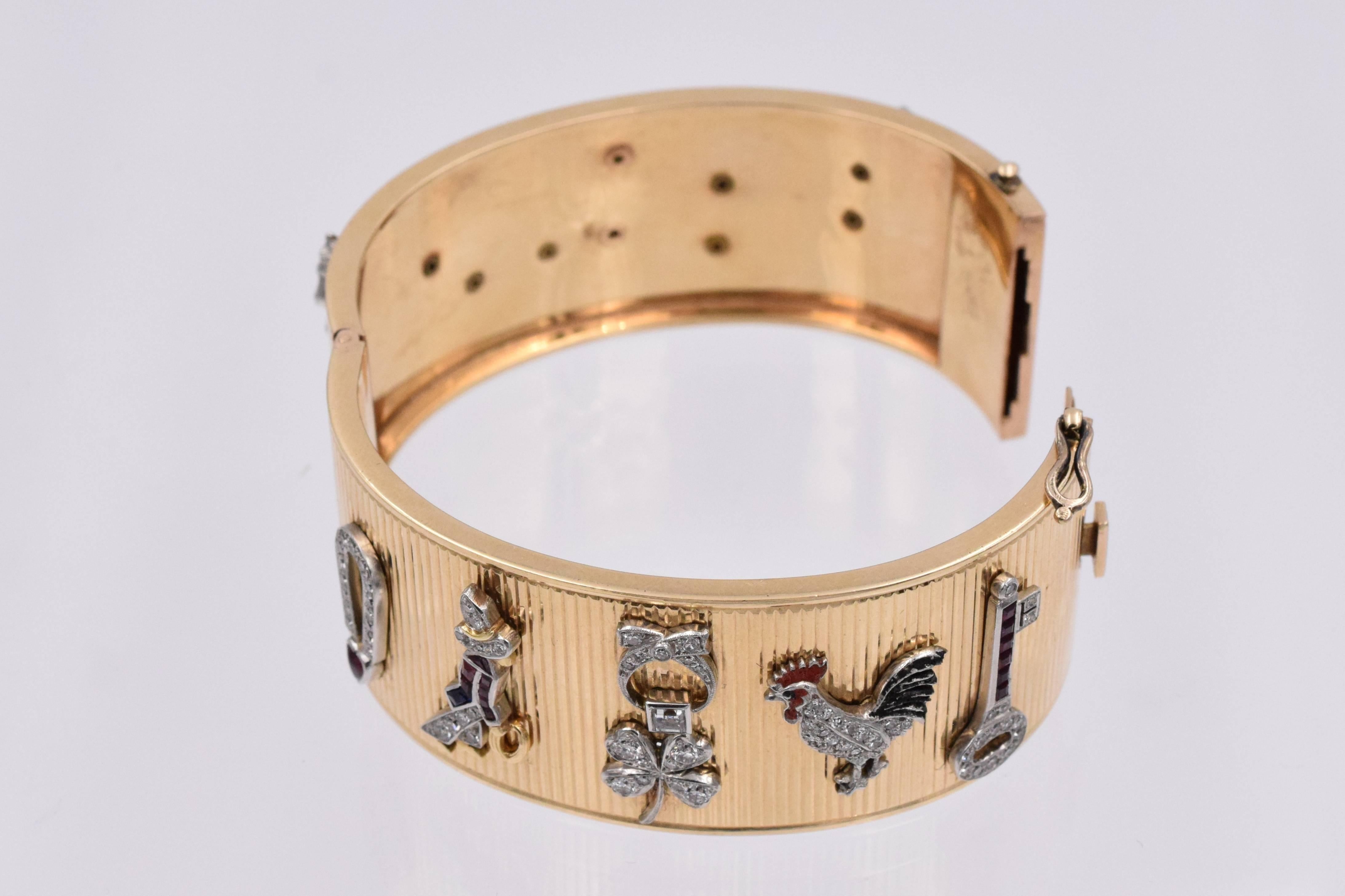 Retro Gold Cuff Bracelet with Platinum Art Deco Charms In Excellent Condition In New York, NY