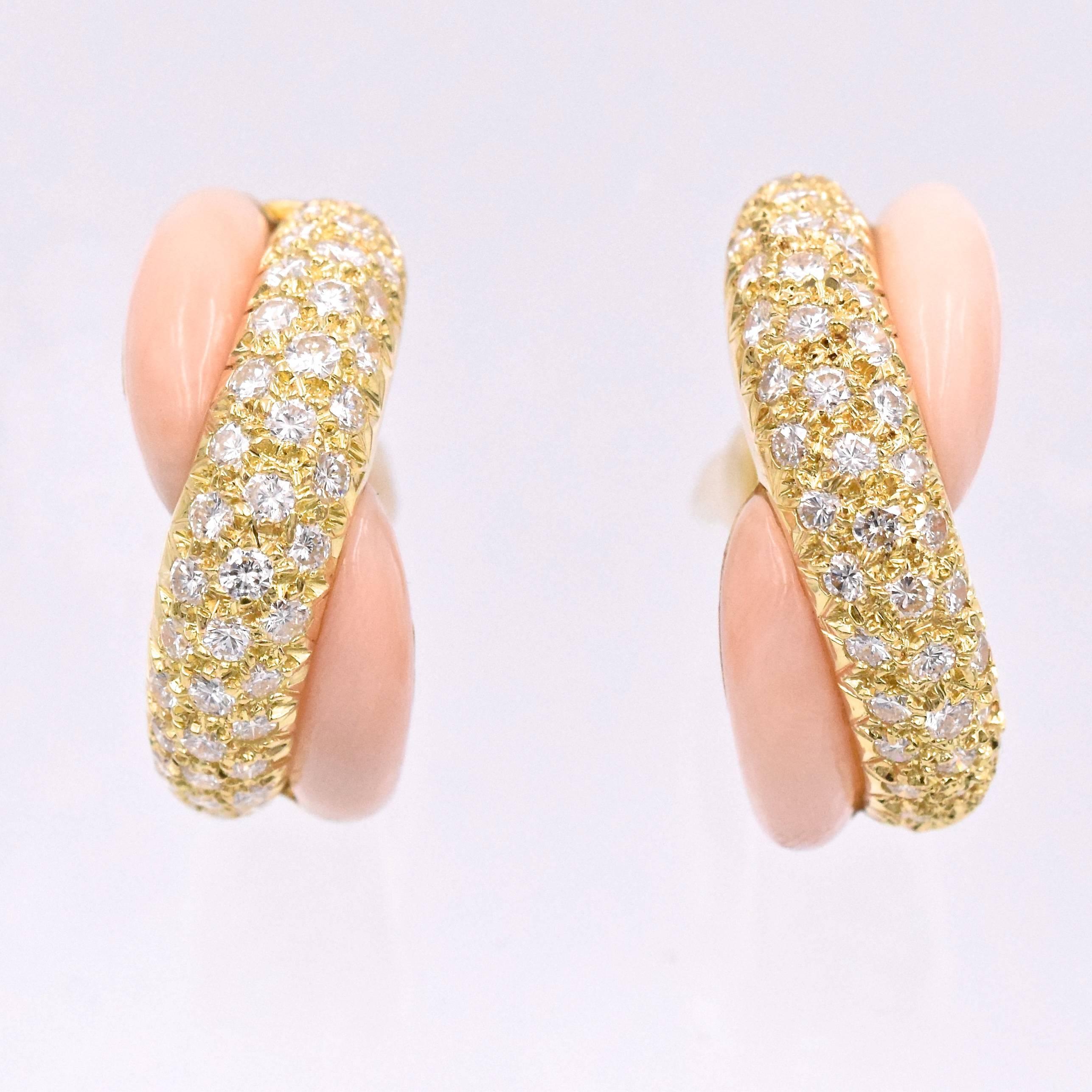 Van Cleef & Arpels Angel Coral Diamond Gold Earrings In Excellent Condition In New York, NY