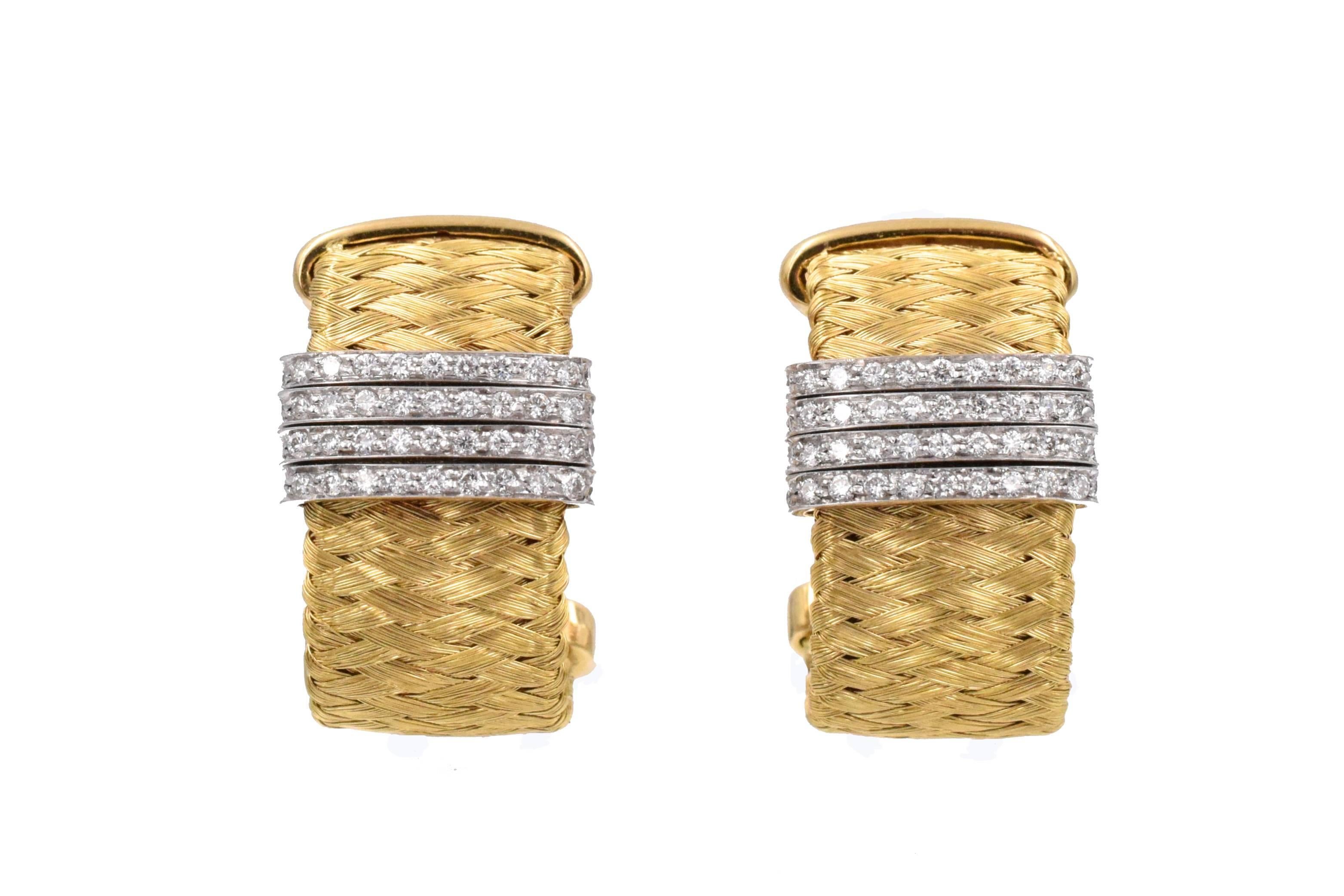 Roberto Coin gold & diamond earrings with matching bracelet. 28k gold woven mesh style with 143 fine brilliant shape diamonds set in  white gold.
 Estimated diamond weight is 1.5 carats
With the maker's hallmark: round shape ruby & signature.