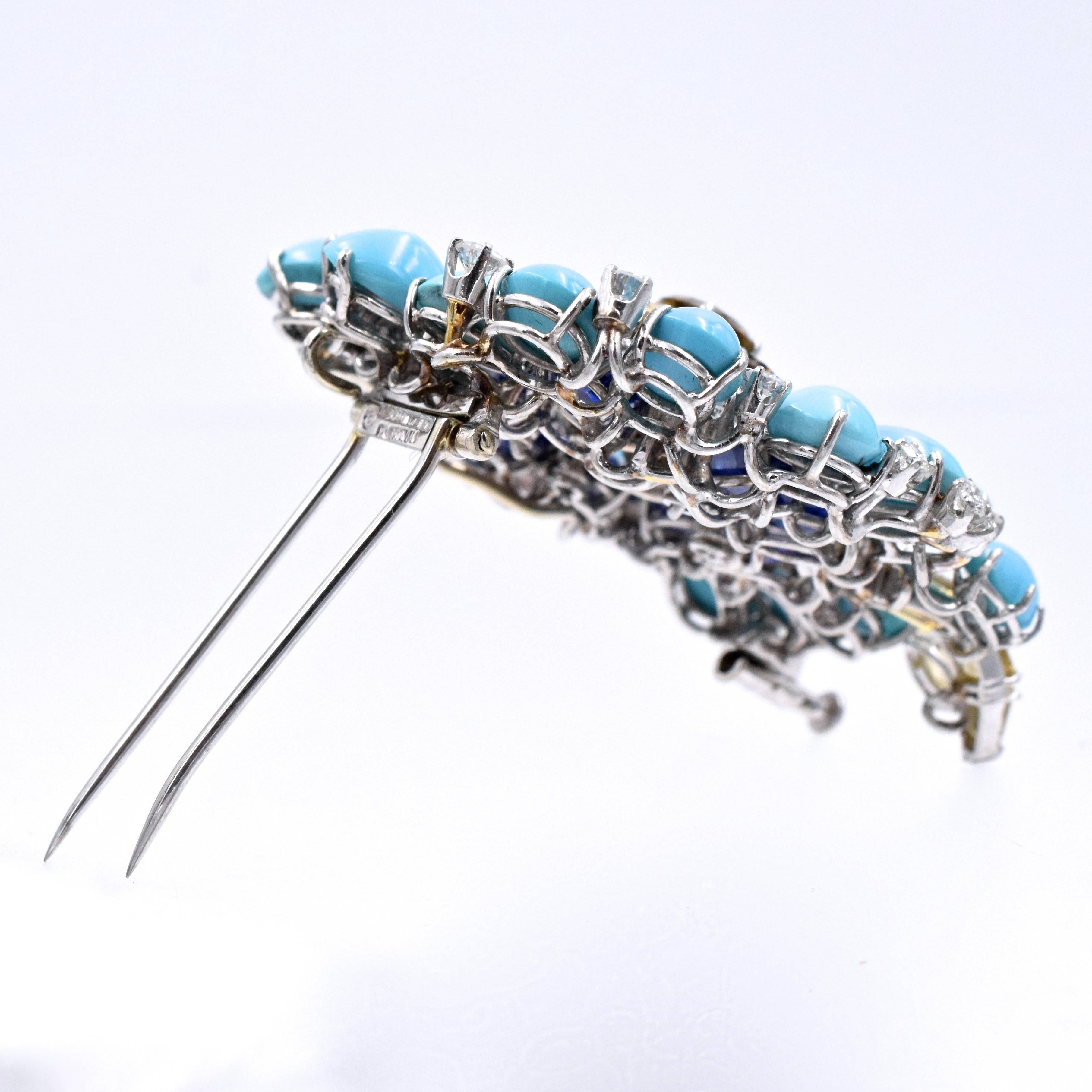 David Webb Turquoise Color Diamonds Platinum Brooch In Excellent Condition In New York, NY