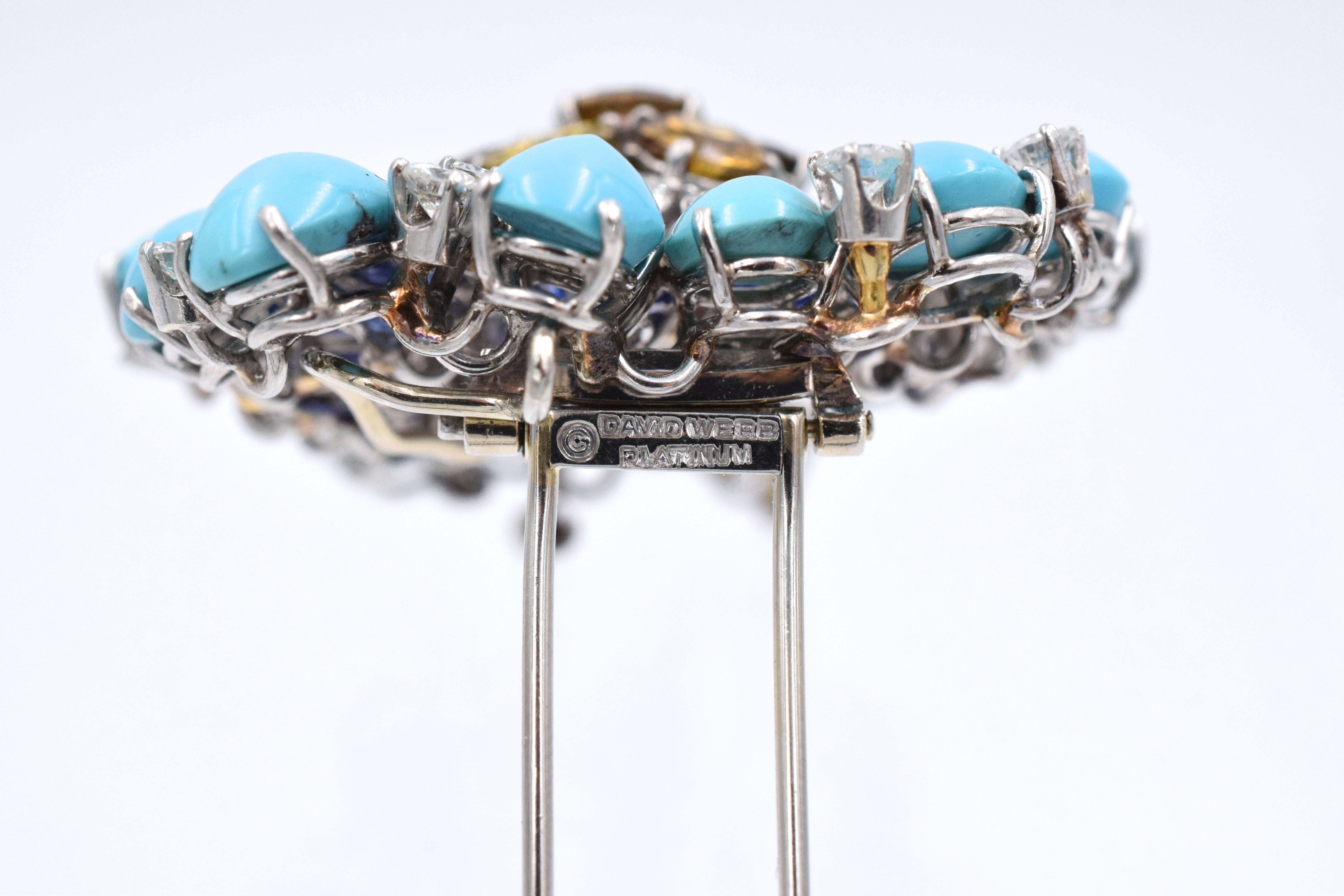 Women's David Webb Turquoise Color Diamonds Platinum Brooch