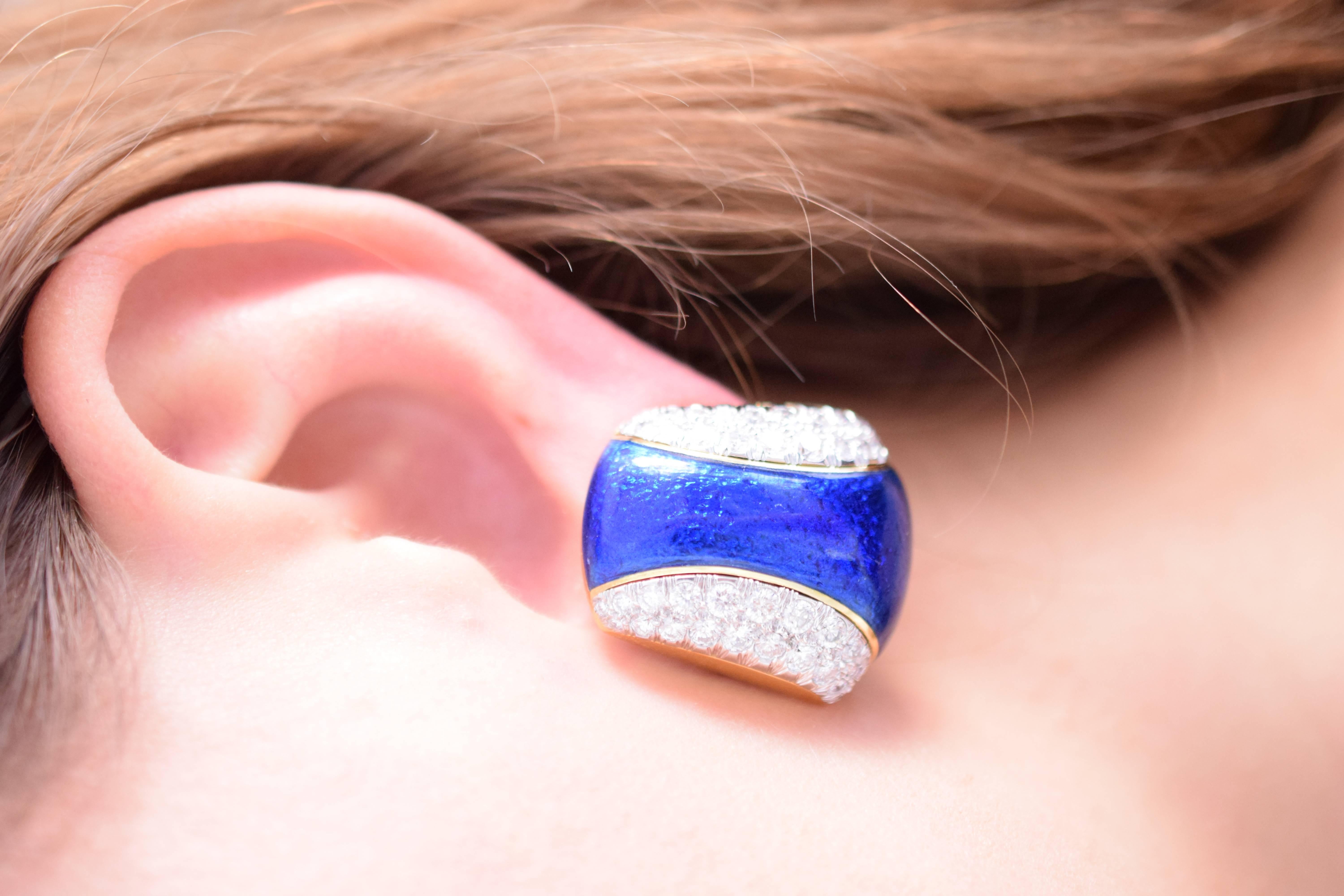 Women's David Webb Blue Enamel and Diamond Clip Earrings