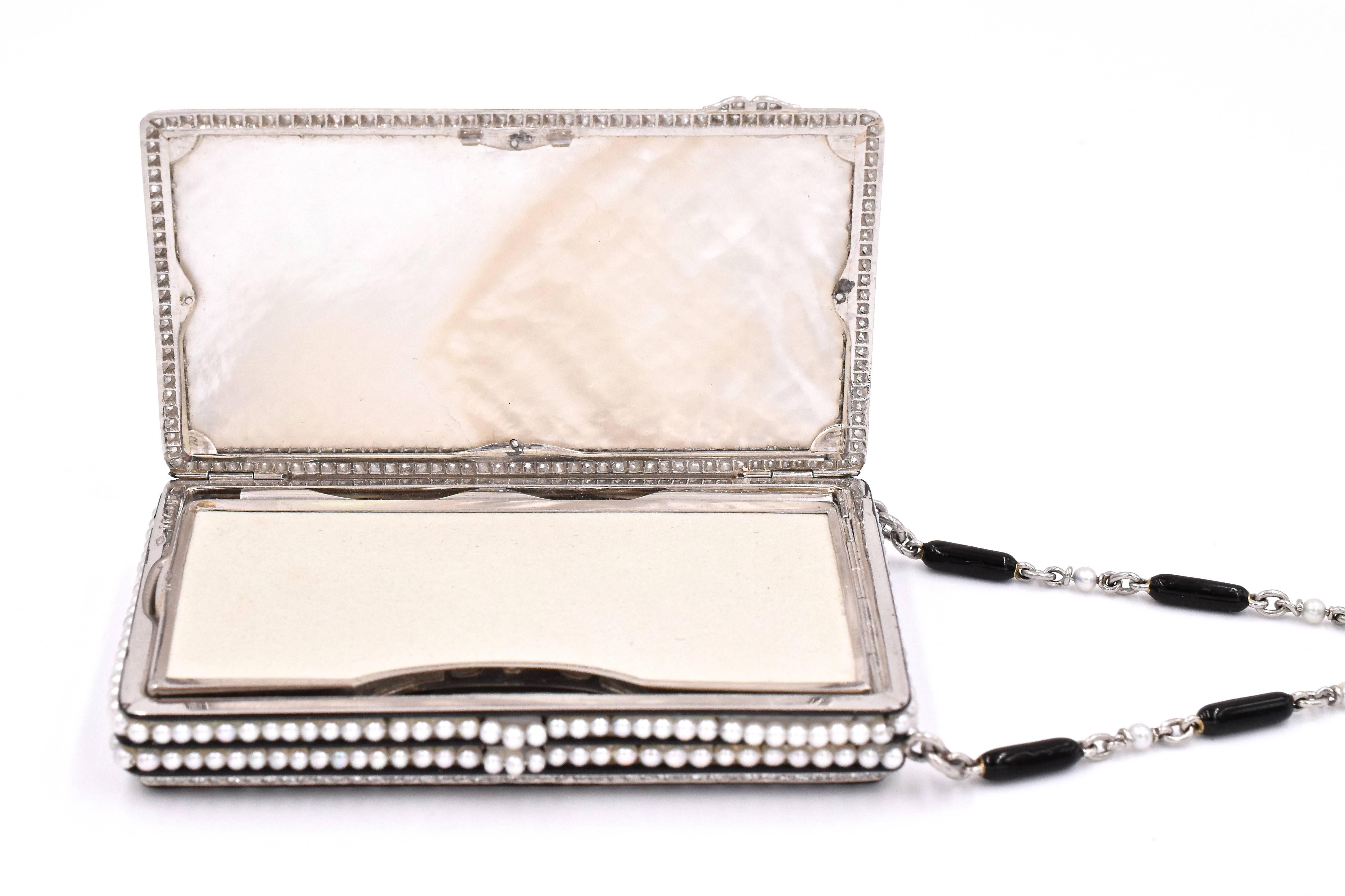 1920s Art Deco Natural Pearl Onyx Diamond Platinum Compact For Sale 1