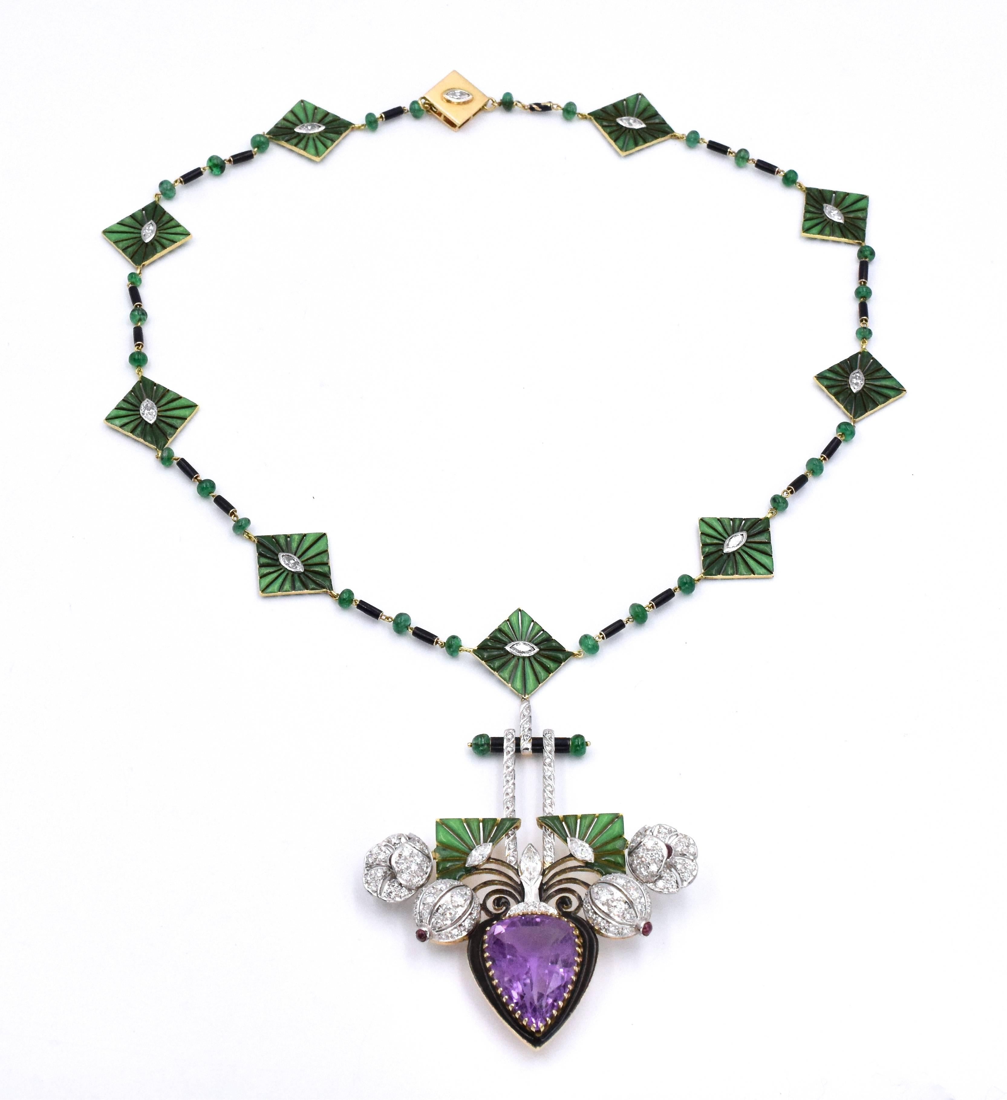 Exquisite  Necklace!

The chain is composed of 9 gold and enamel segments, each centered with marquise shaped diamond, alternating emerald rondelles and black enamel bars.

Center piece is a pear shaped amethyst hanging from a enamel bar 