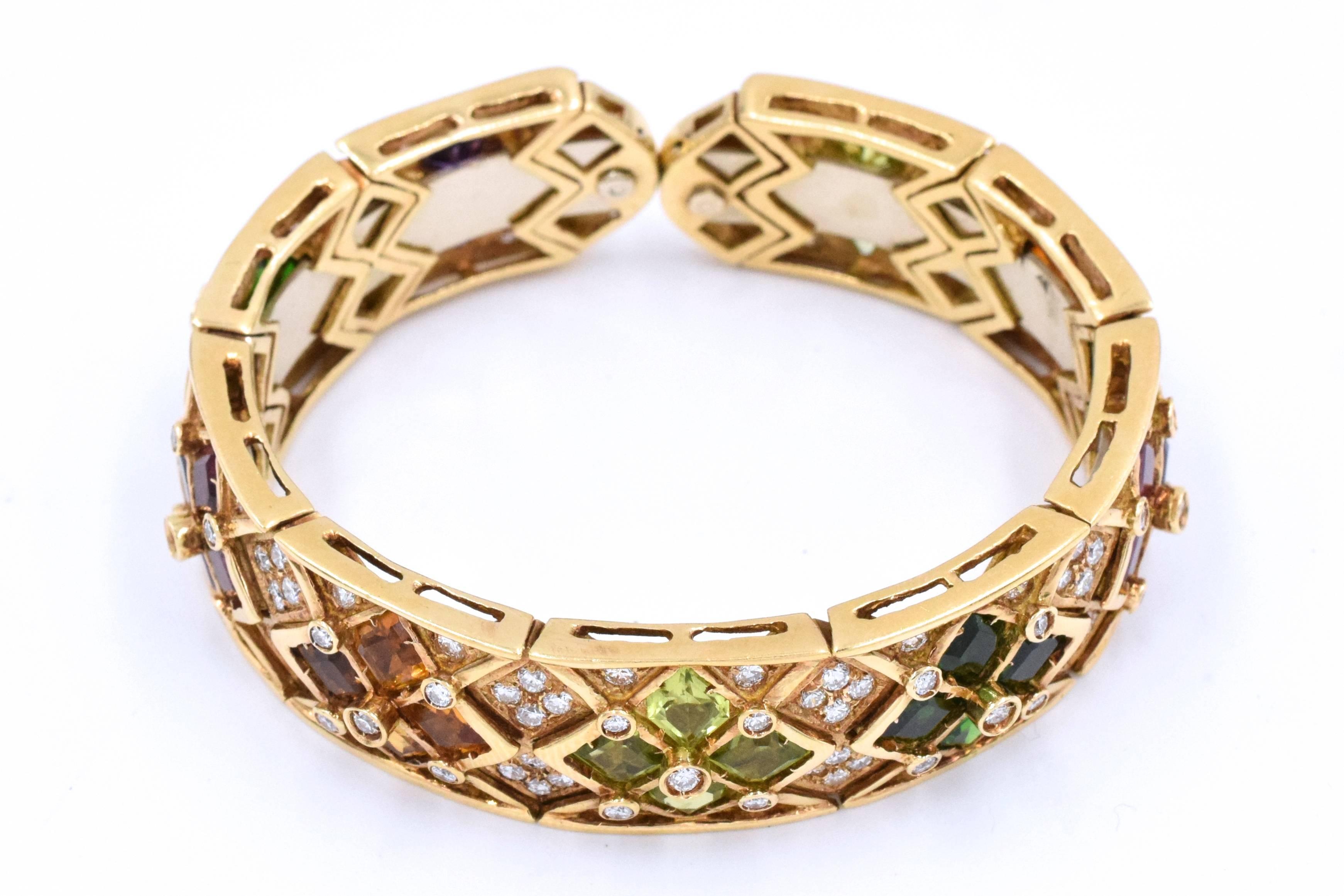 Multicolor Semi, Precious and Diamond Cuff Bracelet In Excellent Condition For Sale In New York, NY