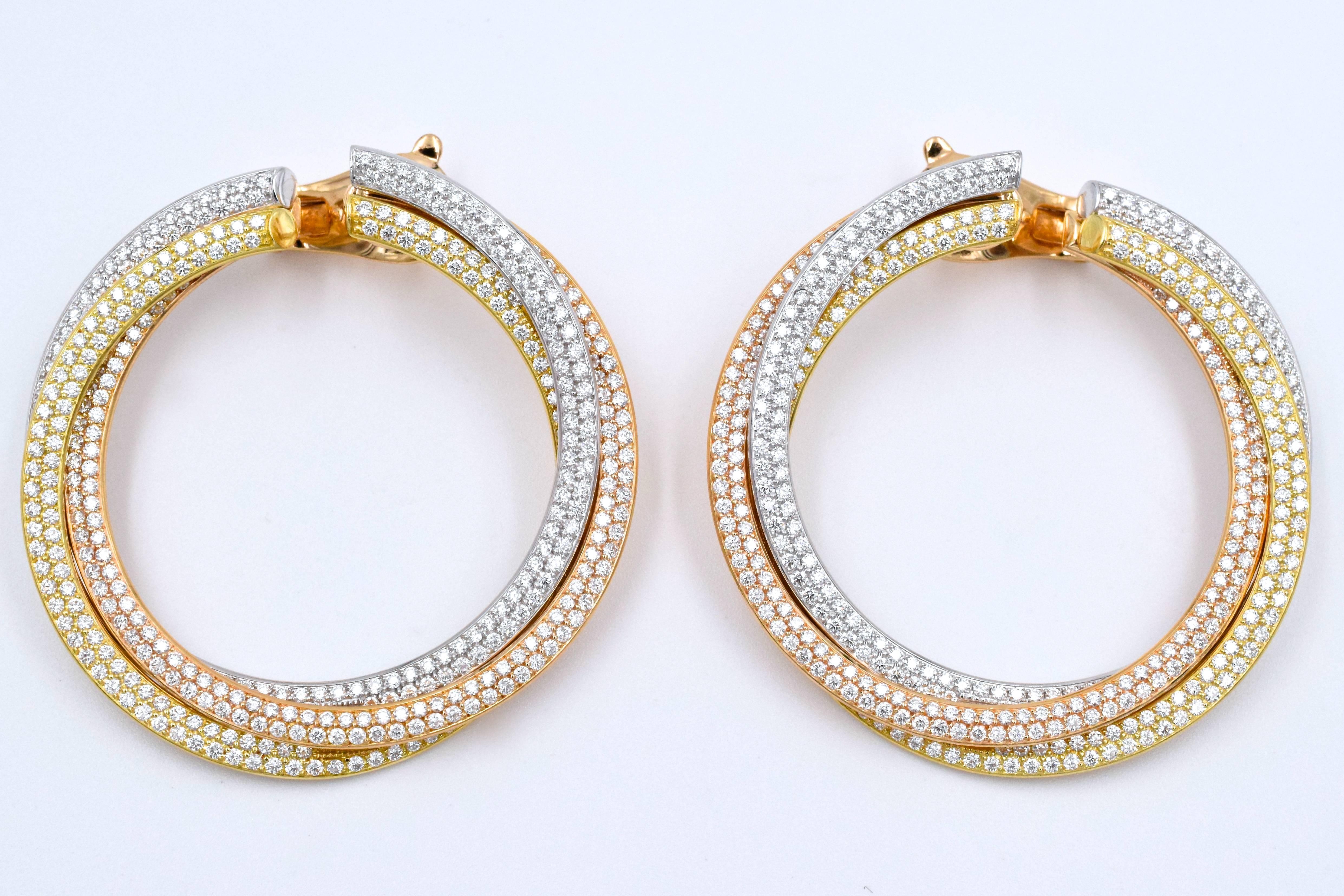Cartier Diamond Tricolor Gold Trinity Hoop Earrings 2