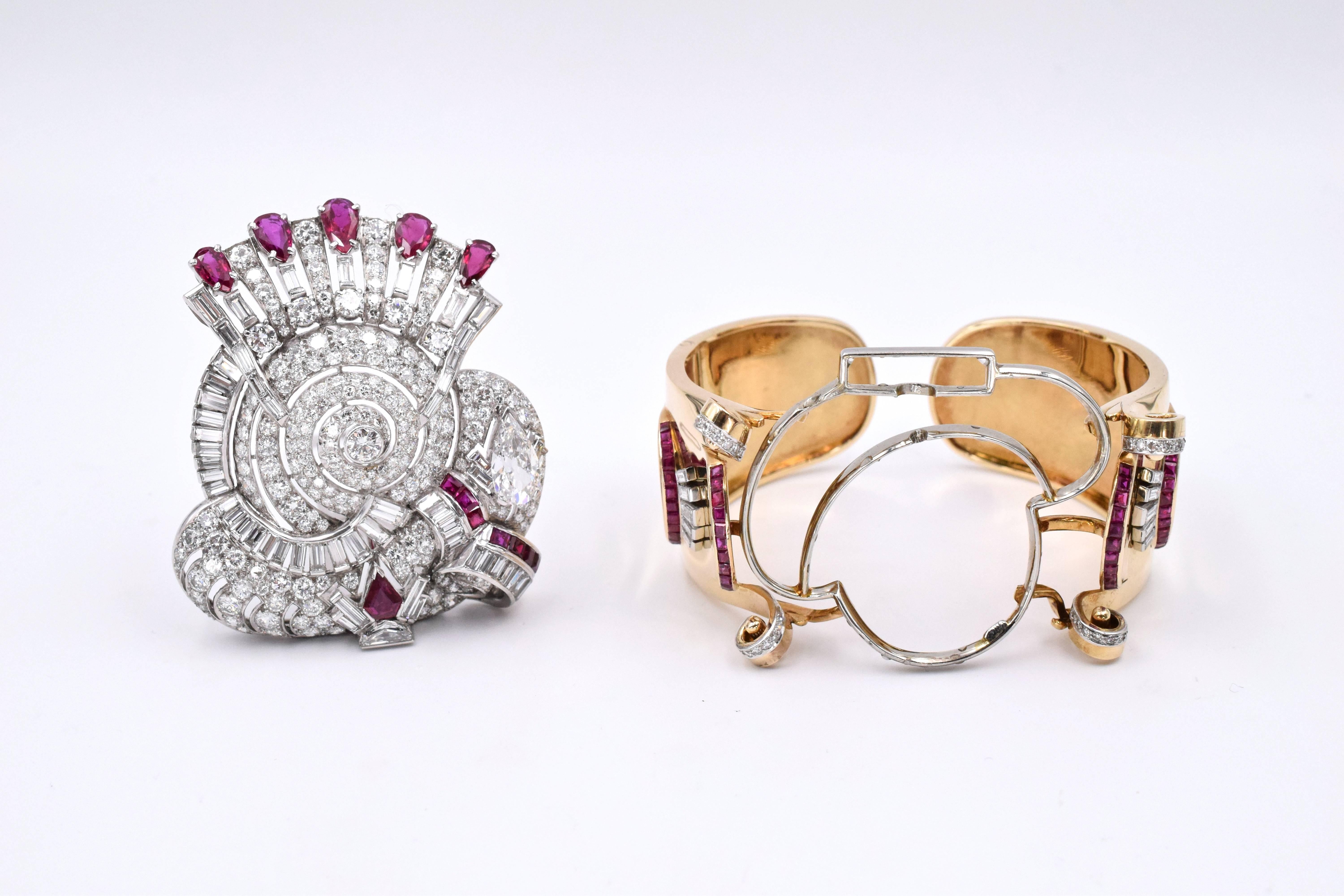 Retro Diamond and Ruby Cuff Bracelet/Brooch 5