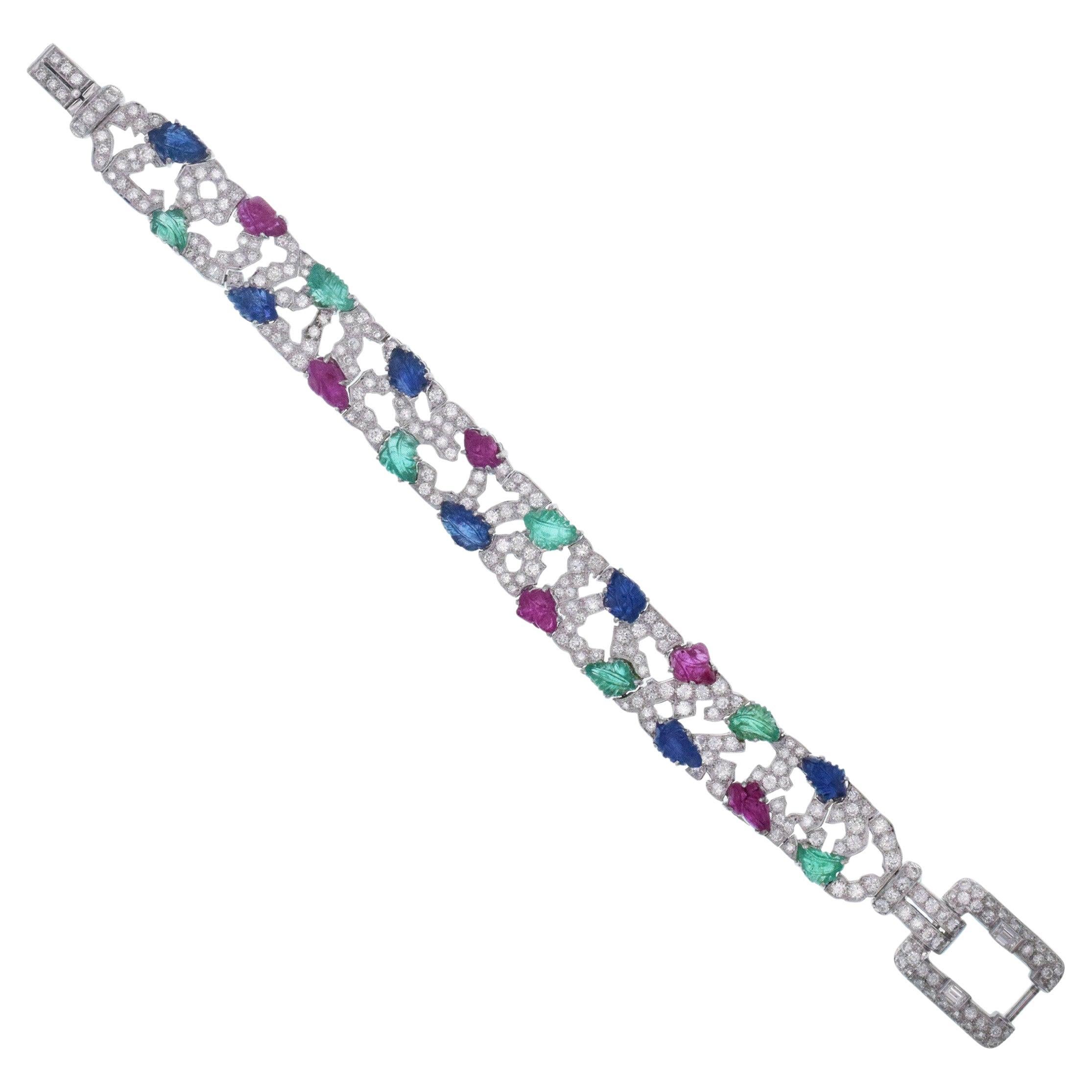 Platino, zafiro rubí tallado  Esmeralda  y Pulsera de Diamantes