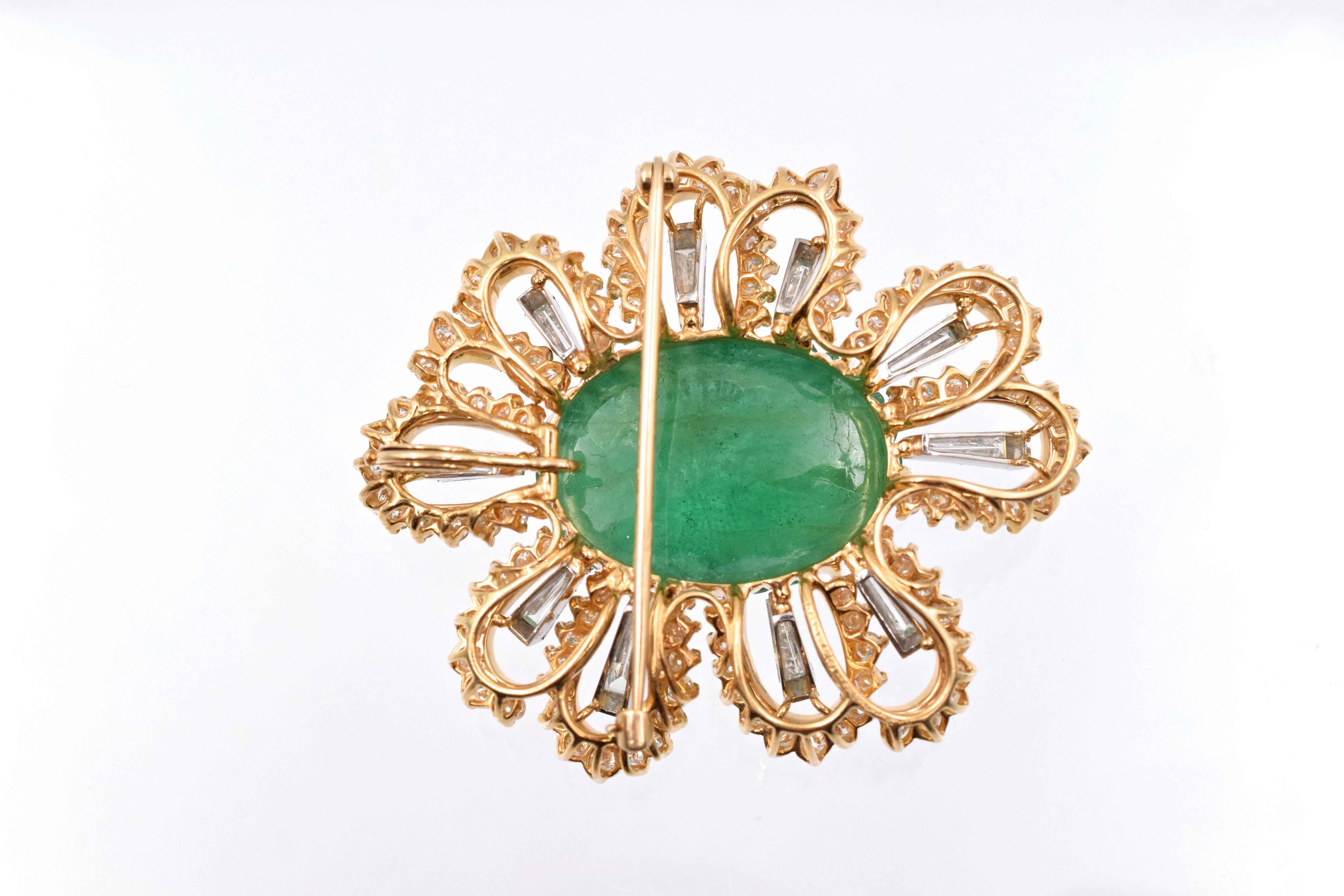 1970s Oscar Heyman Emerald Diamond Platinum Brooch In Excellent Condition In New York, NY