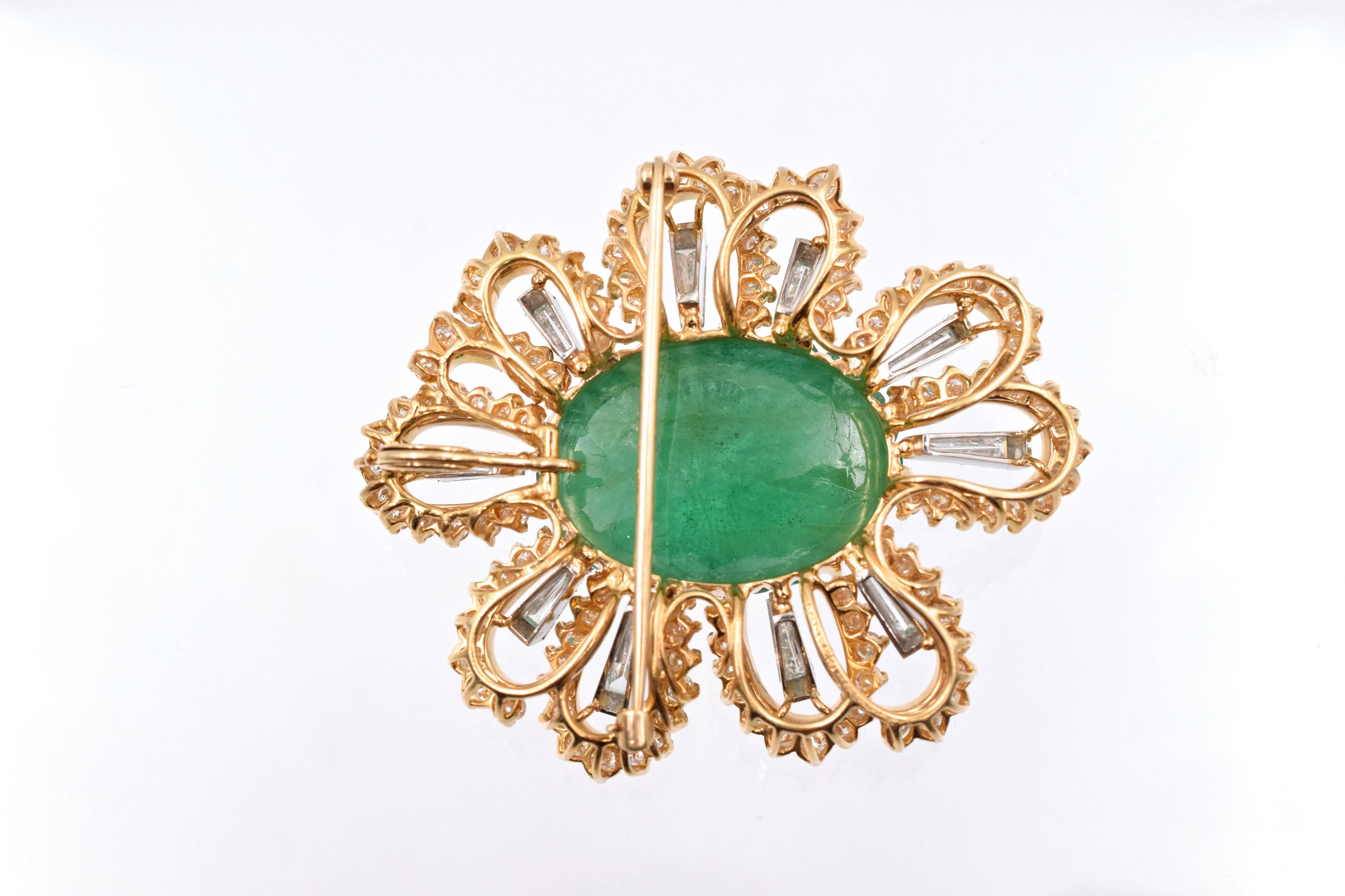 Women's or Men's 1970s Oscar Heyman Emerald Diamond Platinum Brooch