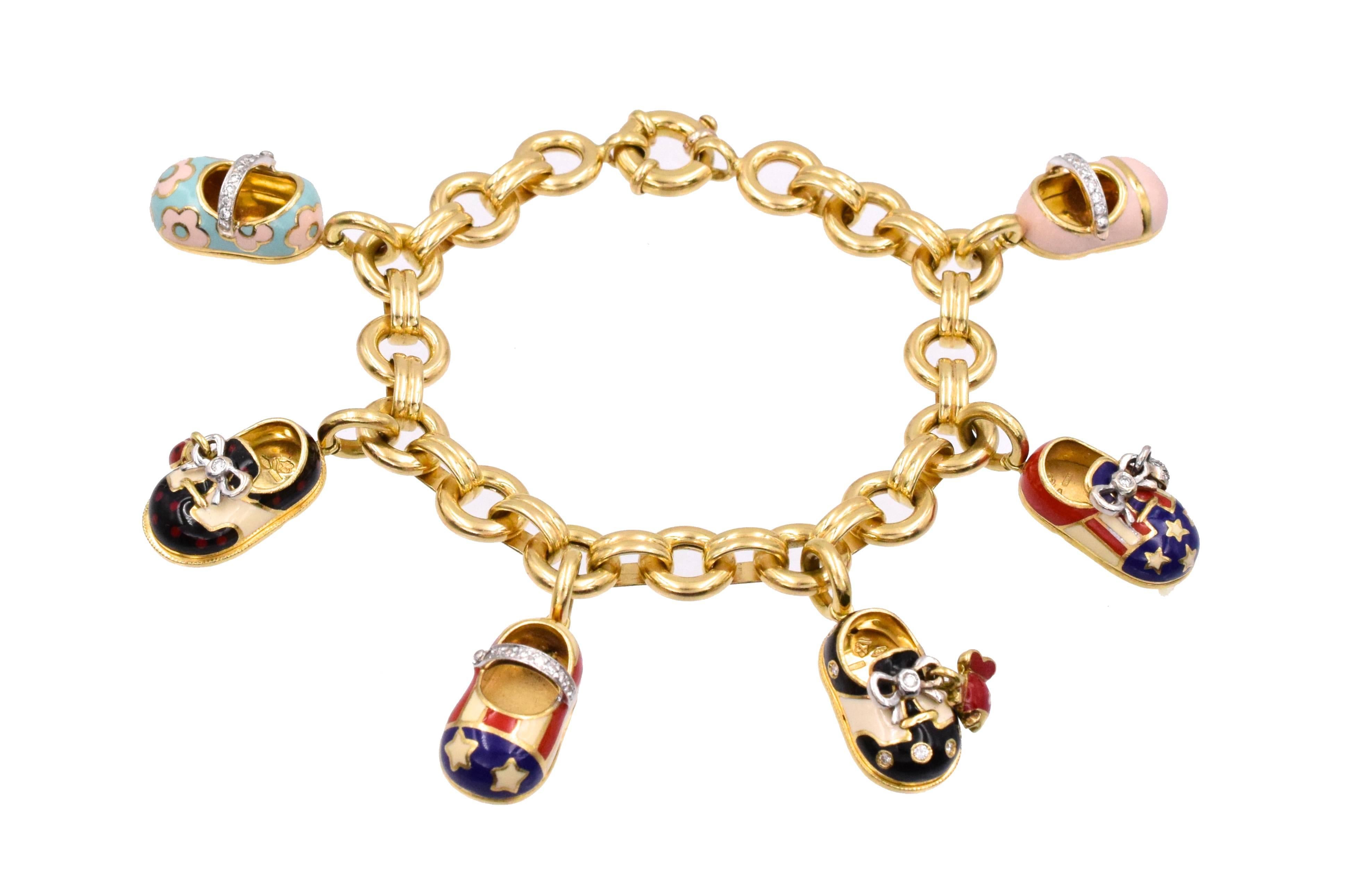 
Aaron Basha 18k yellow gold, enamel and diamonds charm shoe bracelet.
Composed of 6 playful shoe charms coverd with colorful enamel, accented with diamonds.
Lenght: 7 inches, 
 Sign Arron Basha, stamped 18Kt.
