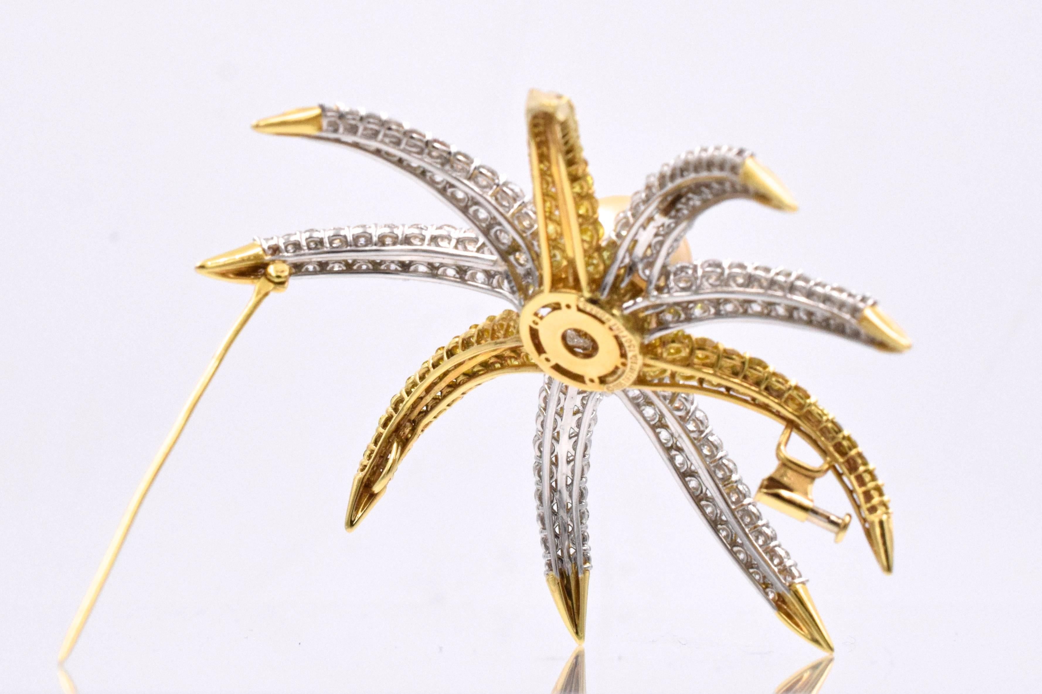 Tiffany and Co.  Firework Brooch with fancy natural yellow diamonds, circa 1995

With 15mm  center golden color pearl and 78 fancy yellow diamonds with total weight of 4.5 carats and 129 white diamonds with total weight of 9 carats.
18k