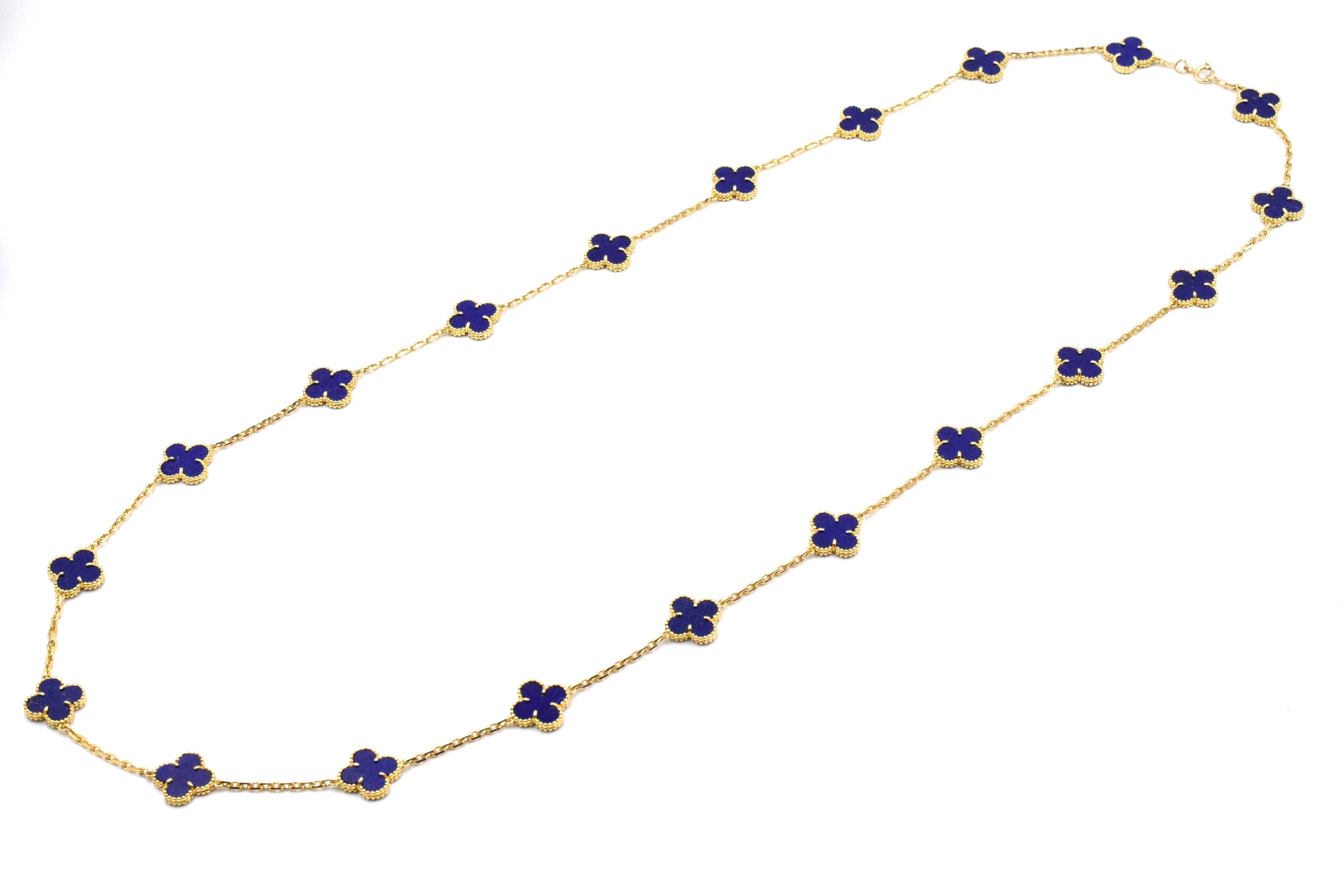 Very rare, Van Cleef and Arpels Lapis Lazuli Alhambra Necklace. 
This necklace has 20 motif of lapis Lazuli 
Signed VCA FRANCE, with French hallmarks.  18Kt, with Serial No. 4K629.42   The length is 34 inches.  


P.S. This necklace has Certificate