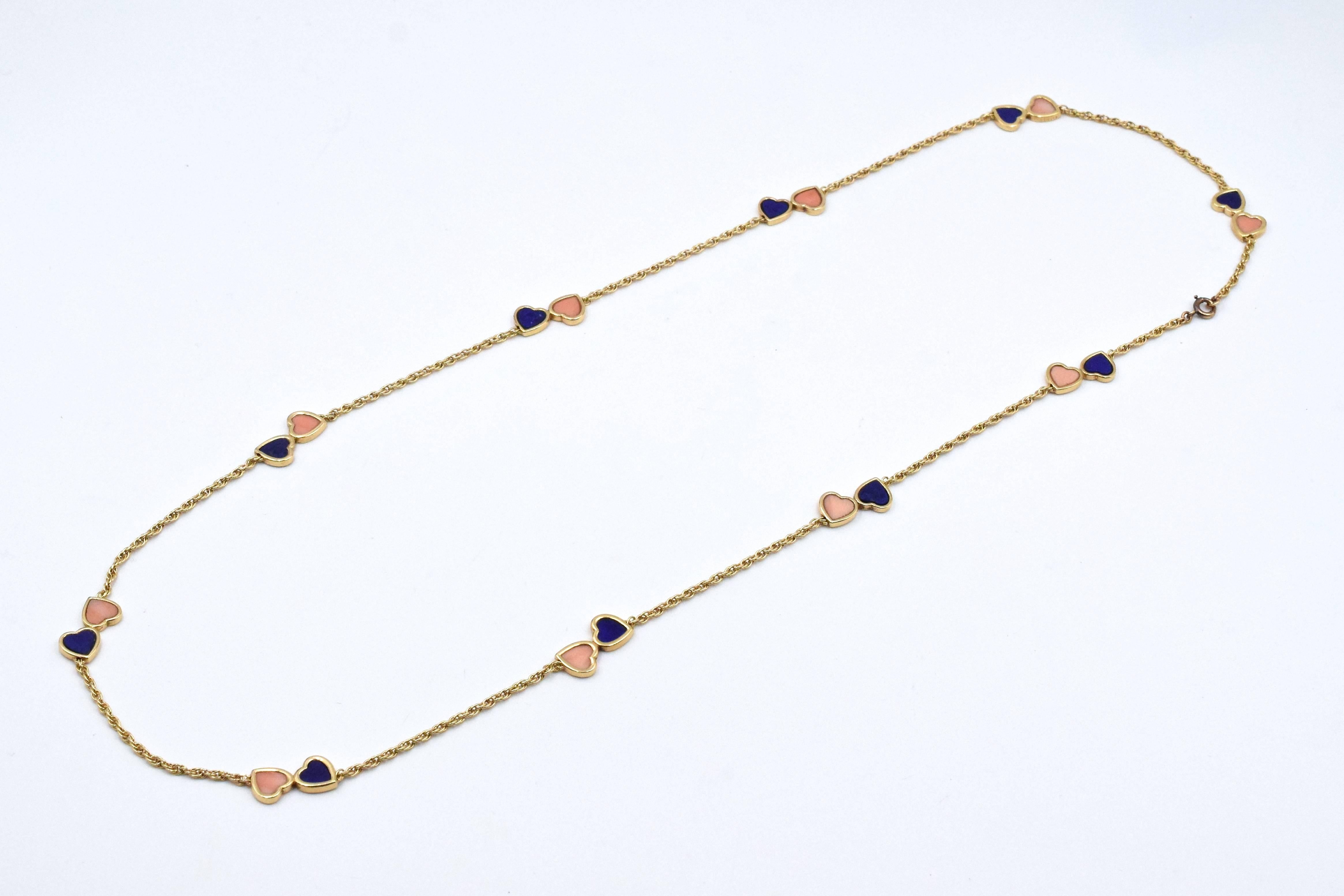 Van Cleef & Arpels Lapis and Coral Double Heart Necklace In Excellent Condition In New York, NY