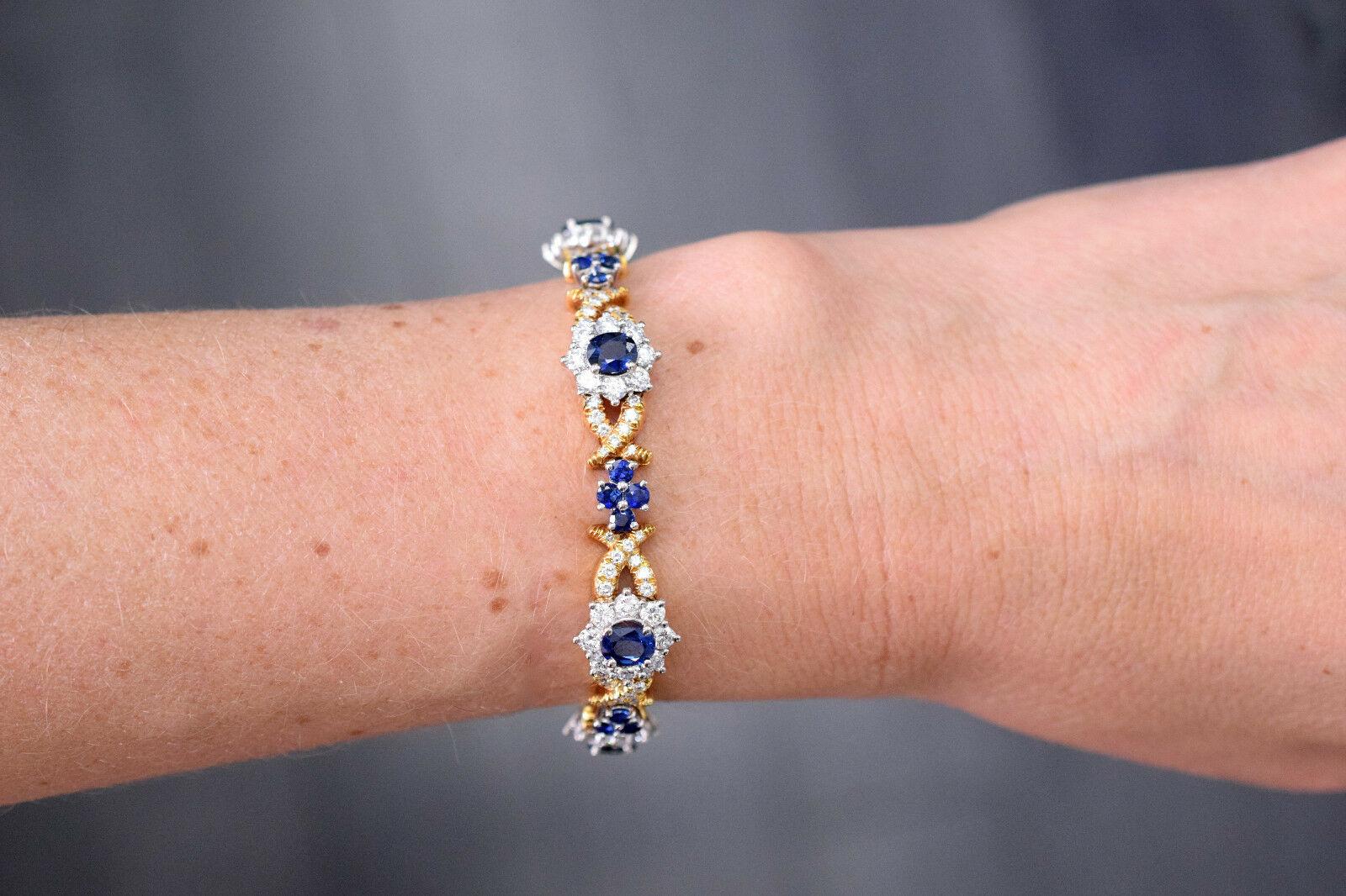 Sapphire Diamond Platinum Floral Motif Bracelet In Excellent Condition In New York, NY
