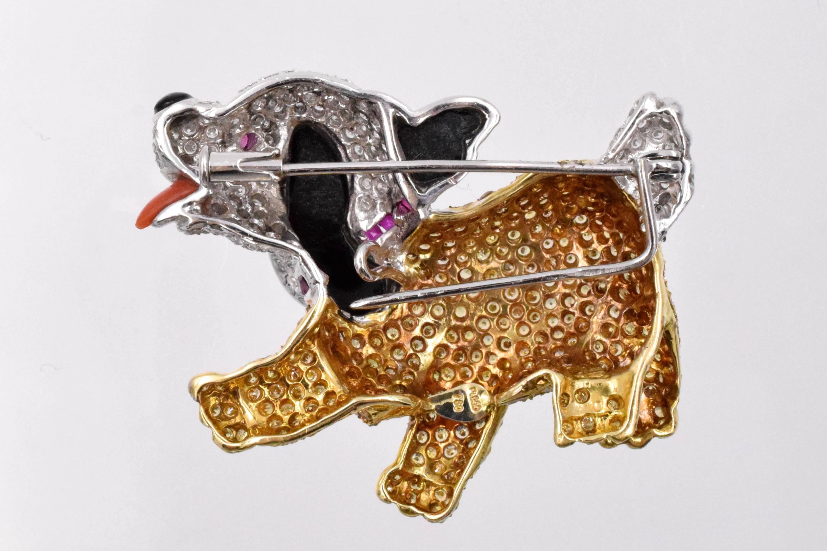 Adorable Onyx Ruby Yellow Diamond Platinum Cocker Spaniel Brooch In Excellent Condition In New York, NY