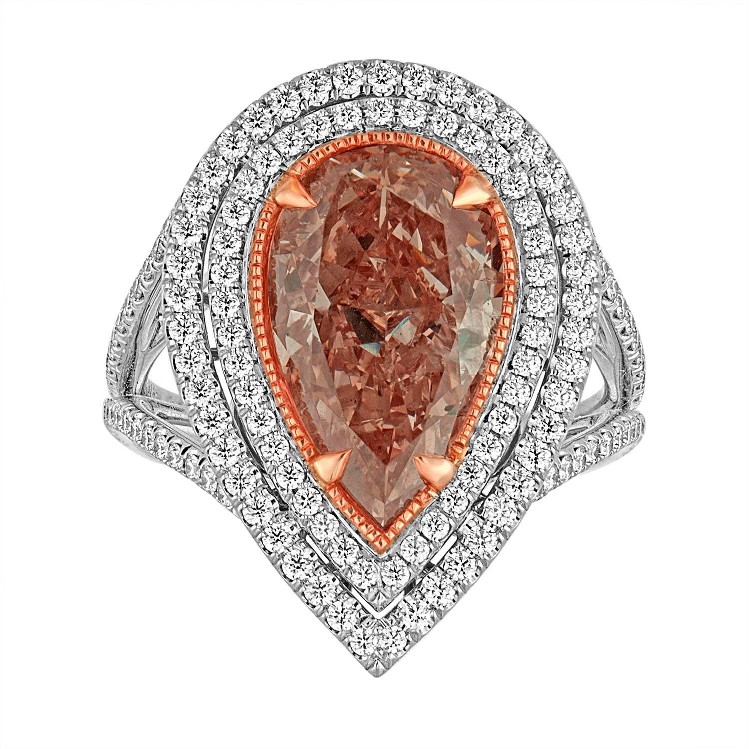 4.14 Carat GIA Certified Fancy Orange Pink Pear Shaped Diamond Ring For Sale