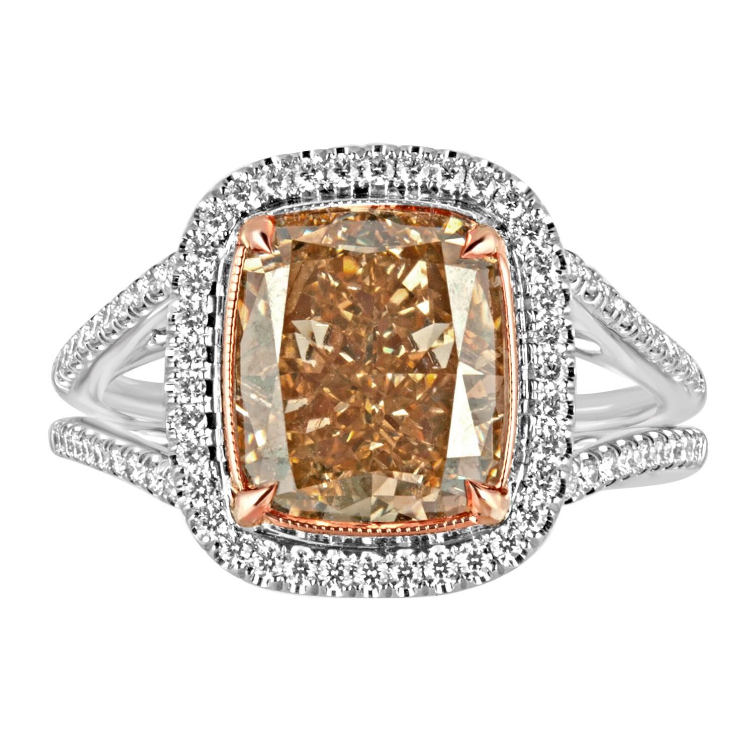 Fancy Deep Brown Orange Cushion Cut Diamond Set in Two-Color Gold Ring Mounting For Sale