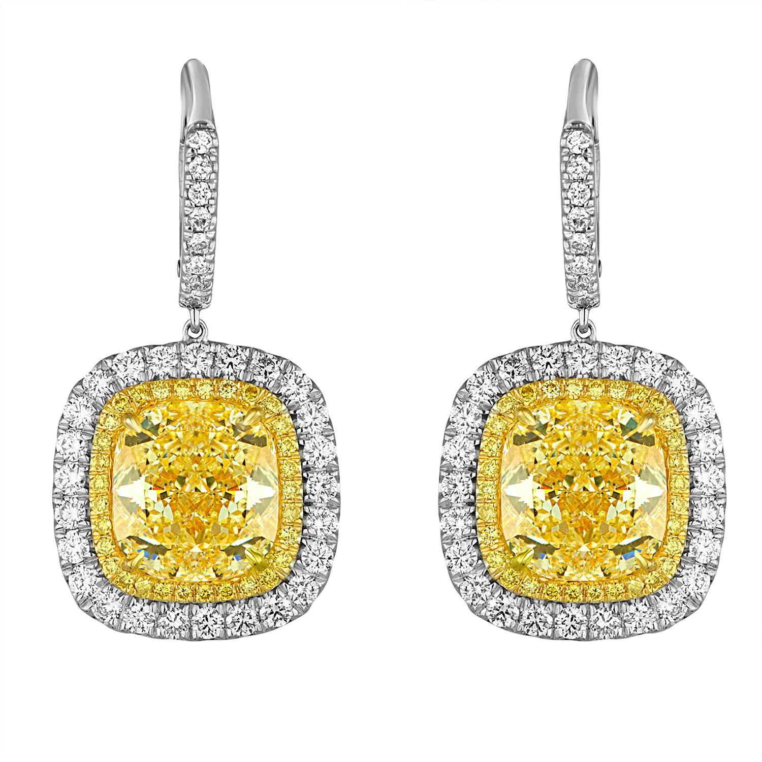 GIA Cert Yellow Cushion Cut Diamond Earrings 