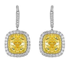 GIA Cert Yellow Cushion Cut Diamond Earrings 